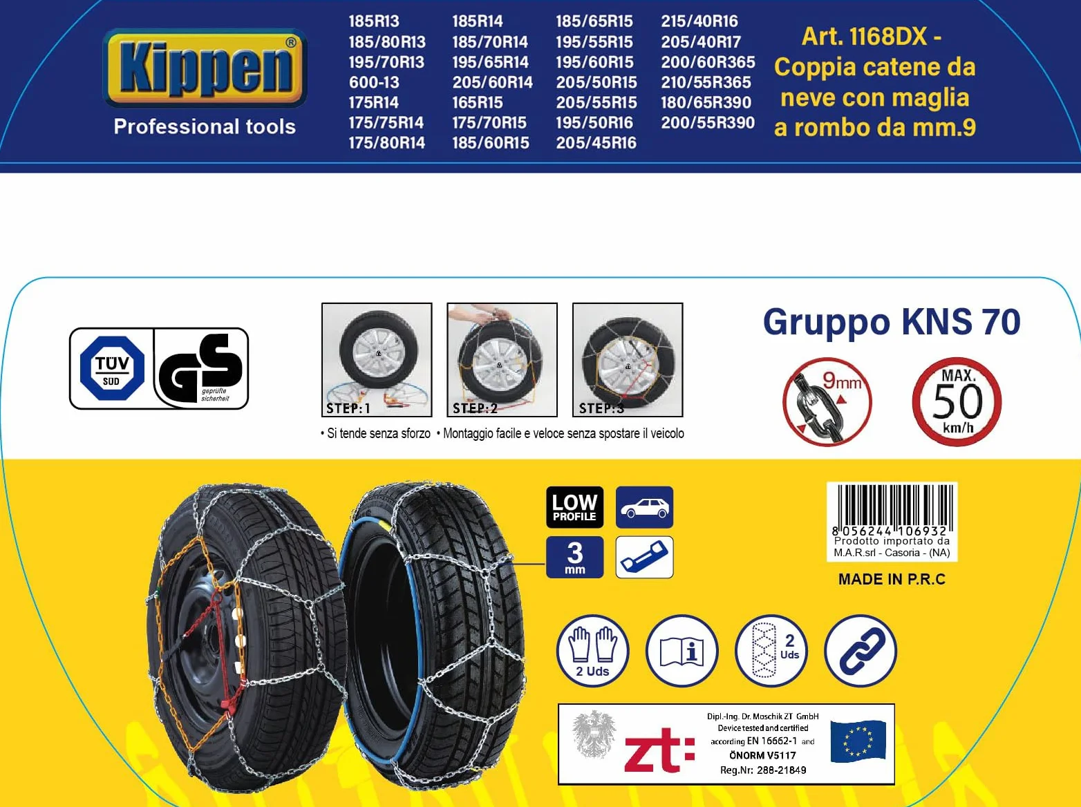 Kippen 1168DX Catene da Neve con Maglia a Rombo 9 mm Gruppo KNS 70