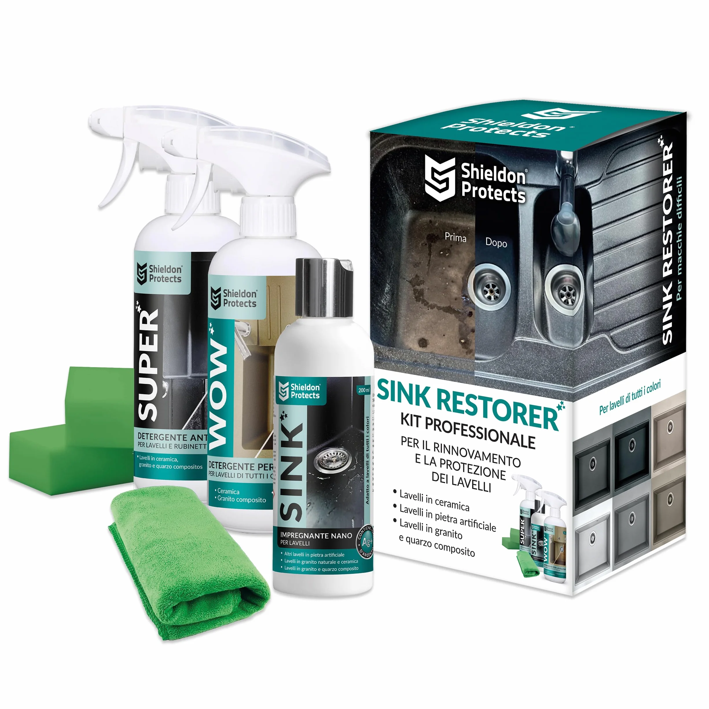 Shieldon Protects Kit rinnovamento lavelli: detergente anticalcare, spray smacchiatore, impregnante nano - per granito, quarzo, porcellana, ceramica