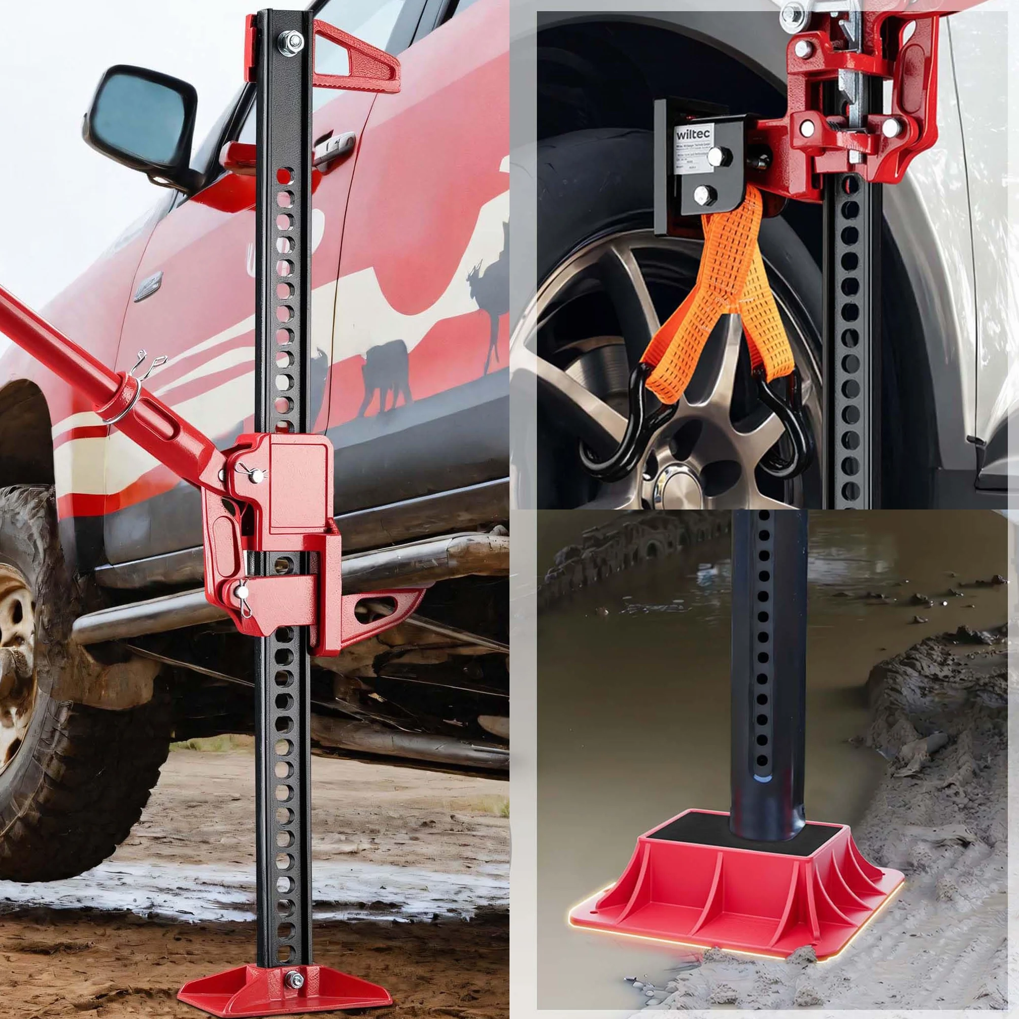 Wiltec Binda fuoristrada – Set per ATV rimorchi, con farm jack fino a 3000 kg, piastra di appoggio e adattatore per sollevamento ruote