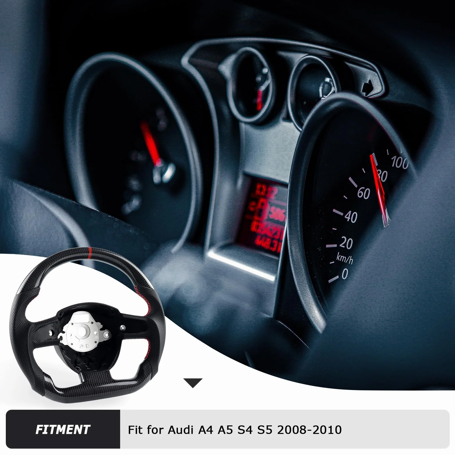 Volante in fibra di carbonio a forma di D con fondo piatto e cuciture rosse, volante personalizzato in pelle traforata, per Audi A4(solo B7) A5 S4 S5 2008-2010