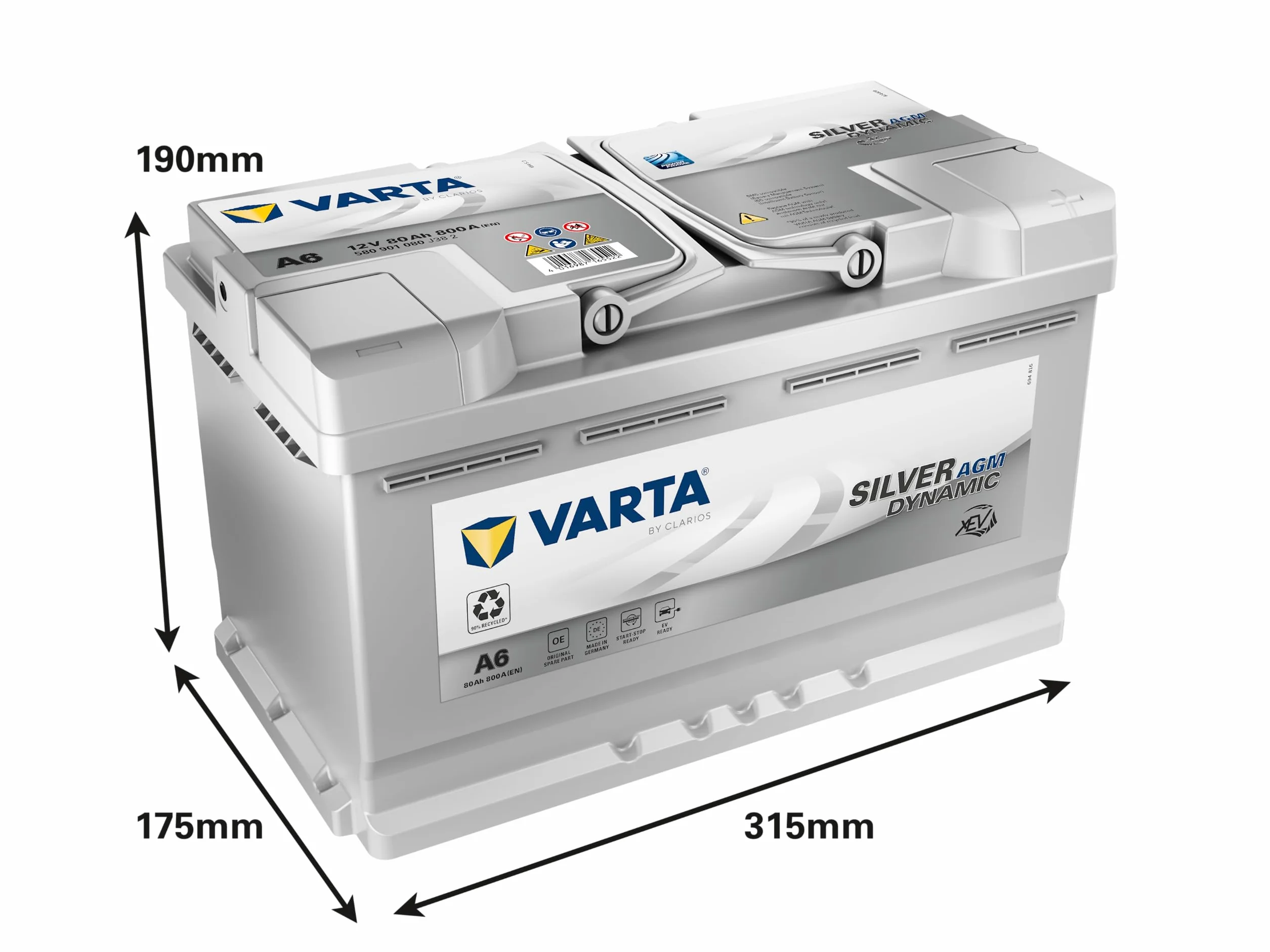 ARTA Silver Dynamic AGM Batteria A6 - Batteria Start-Stop e xEV per Auto 12V 80Ah 800A - Batteria di avviamento per auto con elevate esigenze energetiche