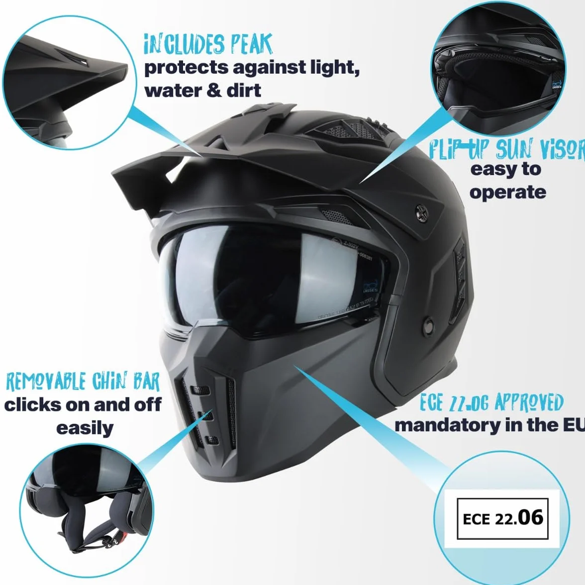 VINZ Kioto Casco Jet / Streetfighter | Certificato ECE 22.06 | Casco Moto / Scooter con Visiera Parasole | Mentoniera rimovibile | nelle taglie dalla XS-XXL