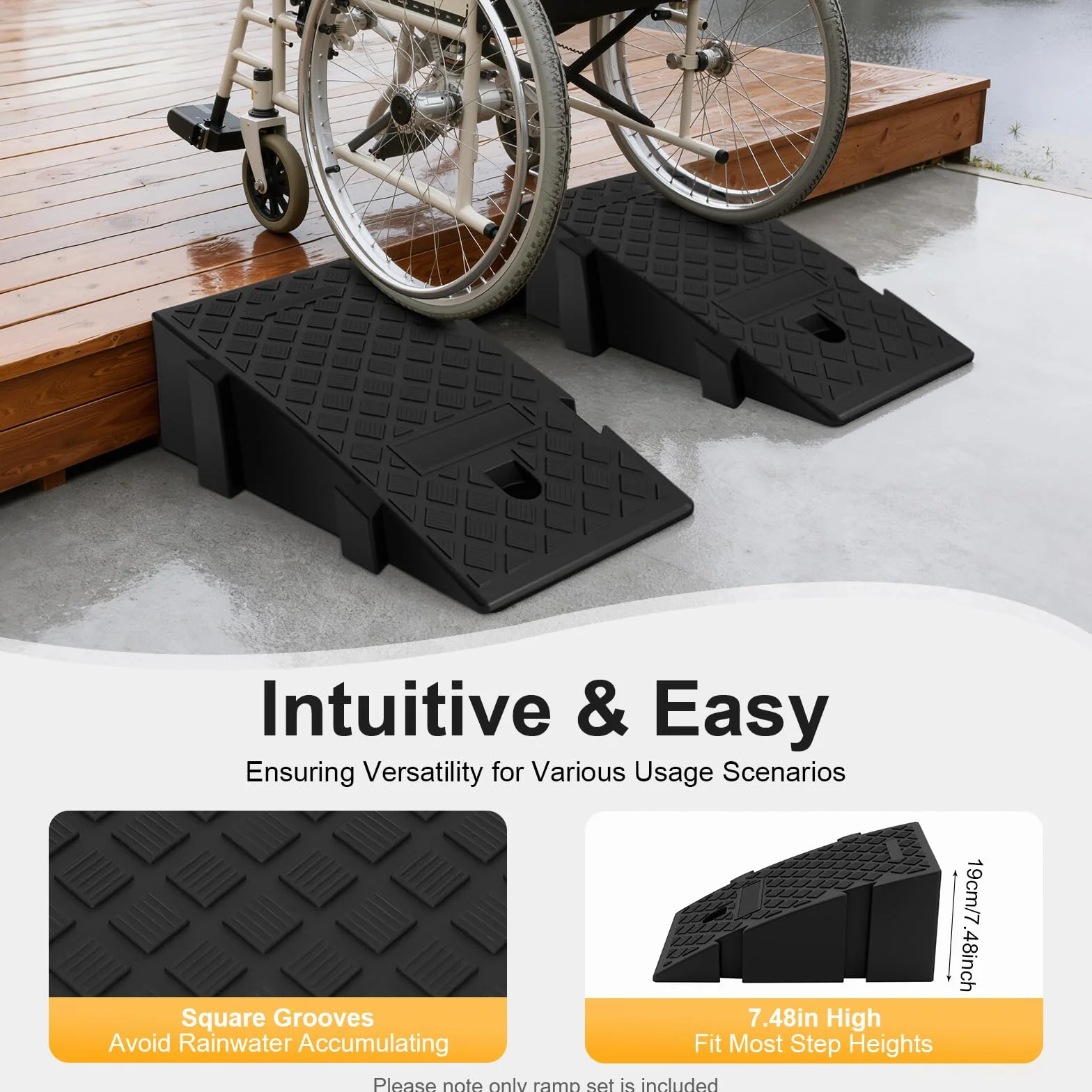 Rampa di carico, Rampa di accesso per auto, in plastica robusta, Rampa di soglia antiscivolo per marciapiede bordo Garage, Set di 2 rampe portatili 25 x 45 x 19 cm, capacità di carico elevato Moto