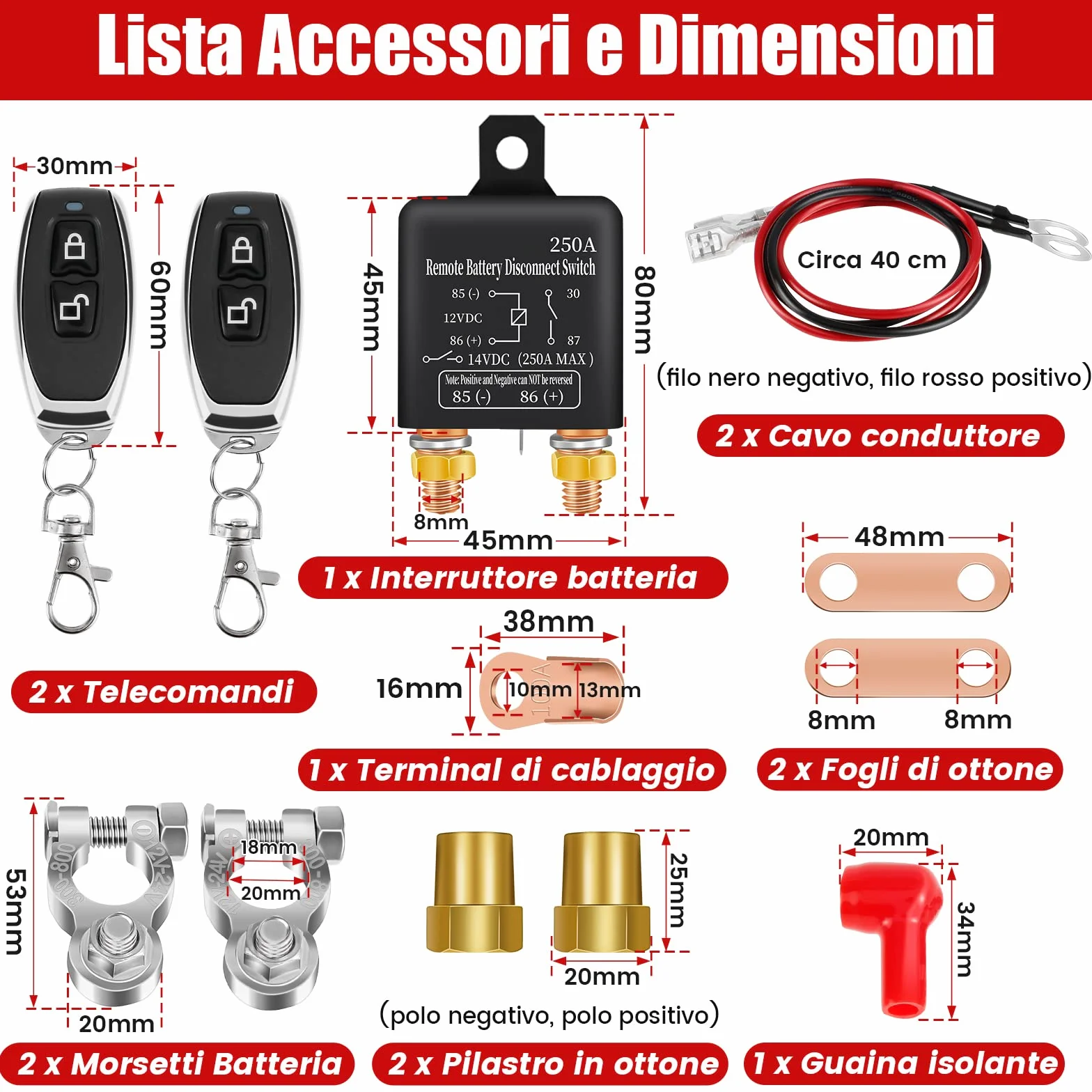 Stacca Batteria 12V Interruttore Relè 12V 250A Interruttore Batteria Con 2 Telecomandi Antifurto Auto Disconnessione Batteria Stacca Batteria per Auto Camion Moto Barca RV (250A)