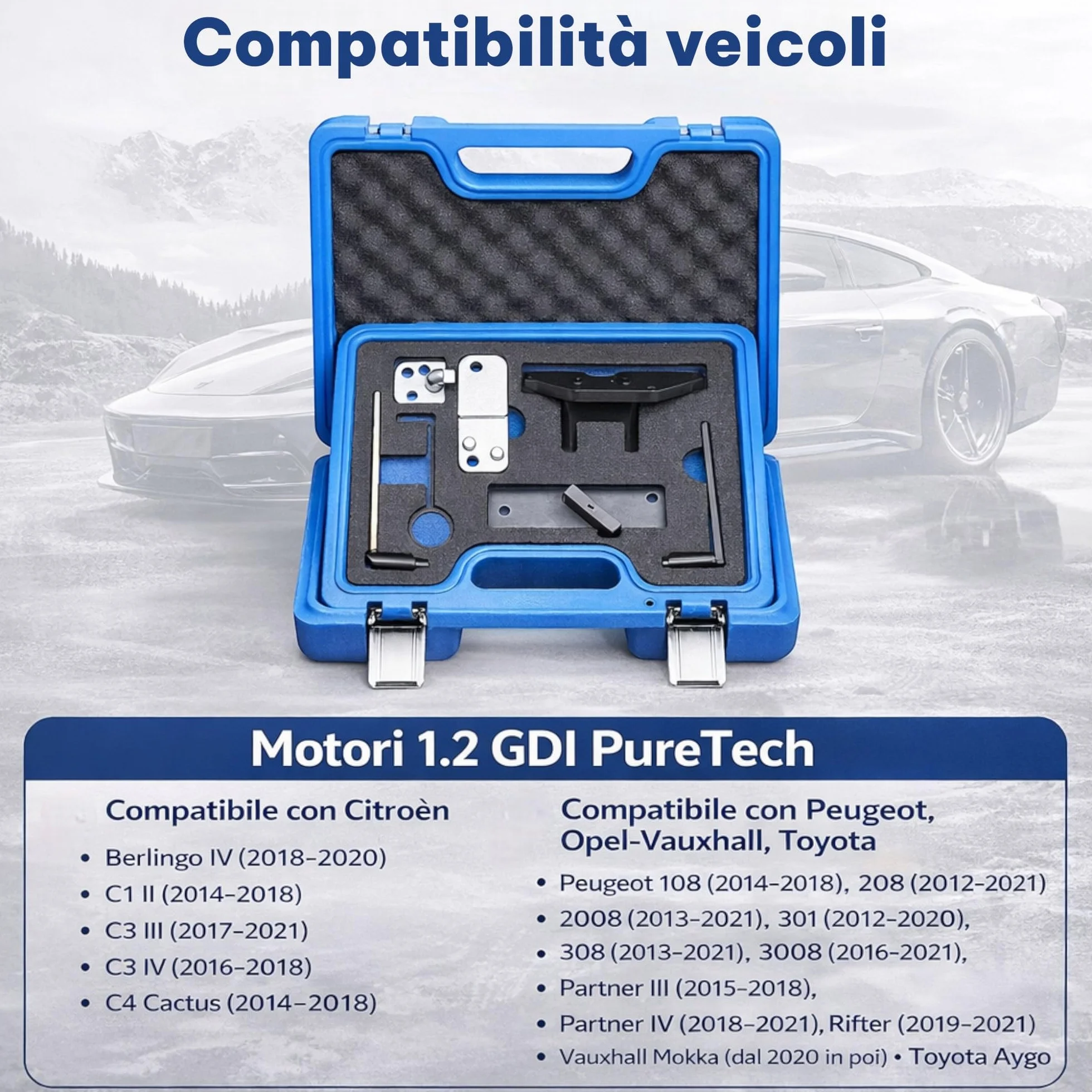 Kit Strumenti Messa in Fase Motore Benzina 1.0 e 1.2 Attrezzi Bloccaggio Albero a Camme Valigetta Rigida Citroën Peugeot Opel FS-15414