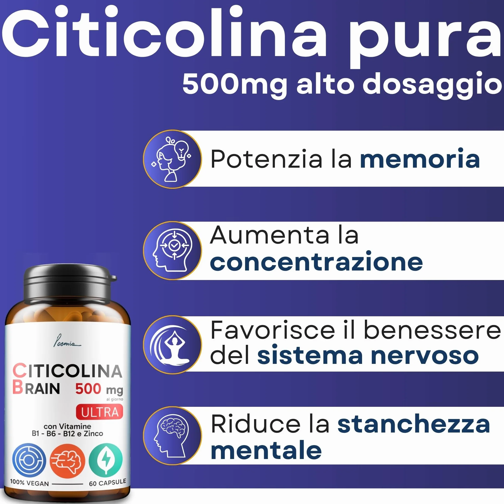 Citicolina 500mg Integratore Memoria Concentrazione Zinco Vitamine B6 B1 B12 60 Capsule