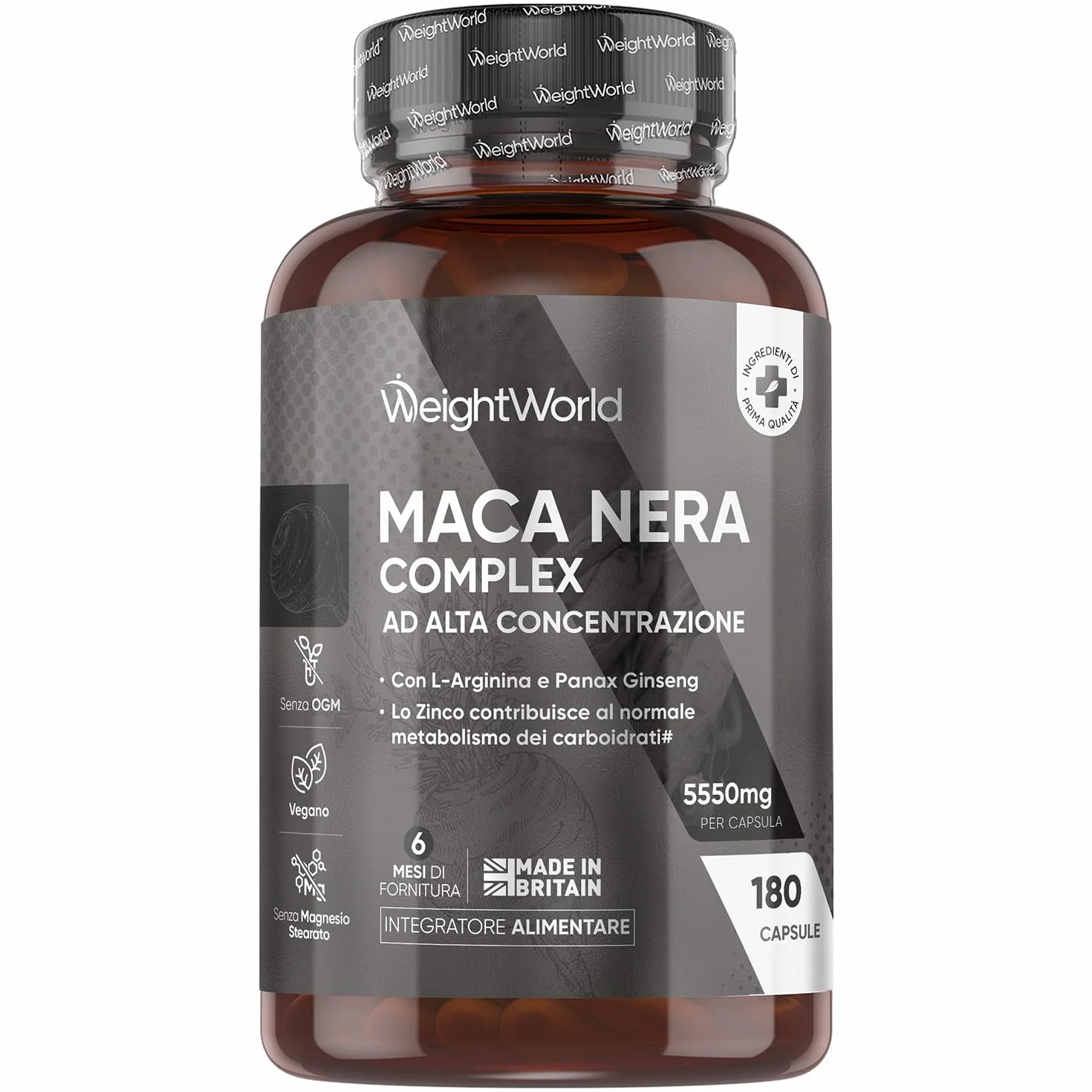 Maca Peruviana 180 Capsule Vegane Estratto 100:1 Maca Nera Complex L Arginina Zinco Citrato Panax Ginseng Pepe Nero