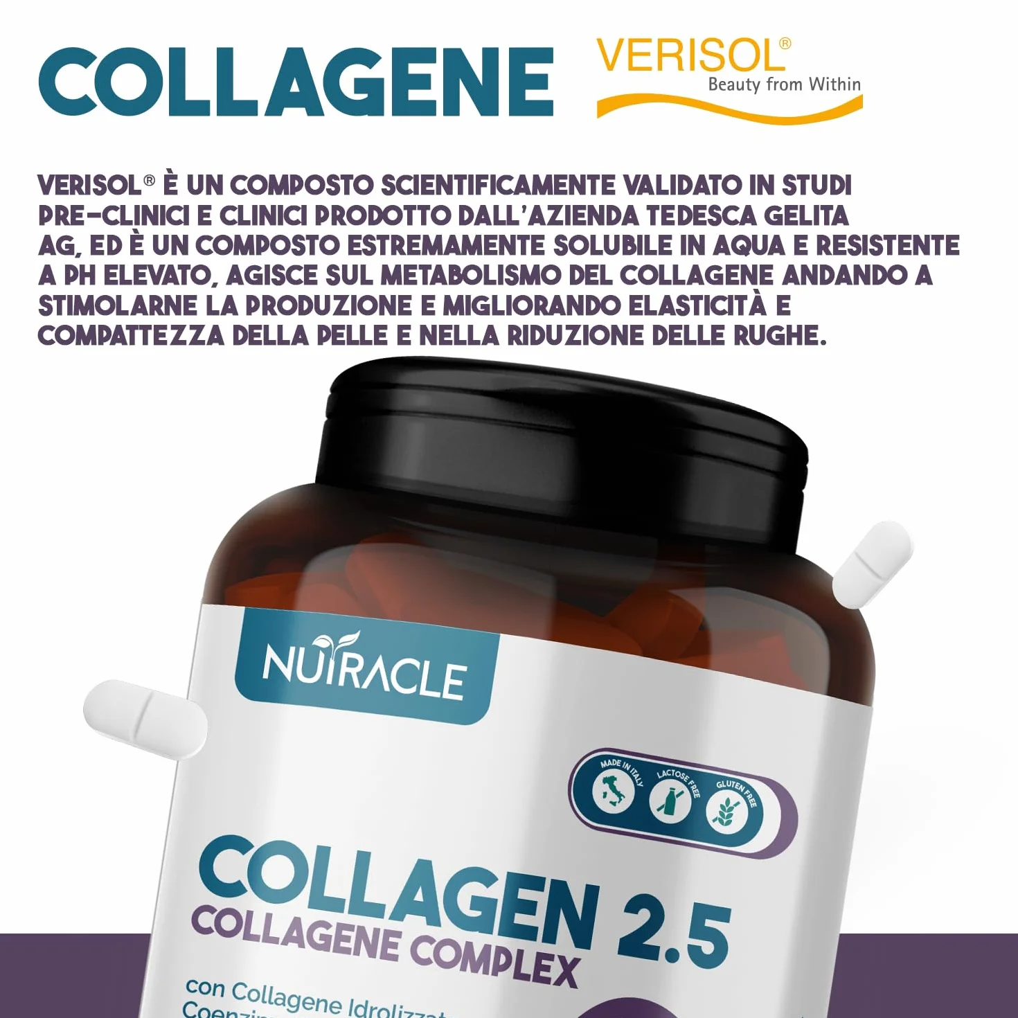 Collagene Idrolizzato Verisol® 2500 mg + Acido Ialuronico + Coenzima Q10 Integratore Pelle Capelli Ossa 120 compresse