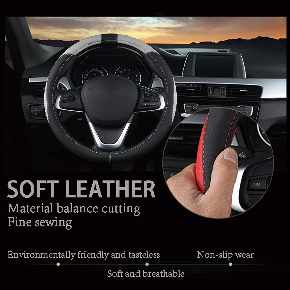 Pahajim Coprivolante in Microfibra PU Pelle Copri Volante per Auto Universale Sportivo Copristerzo Protezione Antiscivolo Traspirante 37-38 CM Rivestimento Sterzo per Donna Uomo (grigio nero)