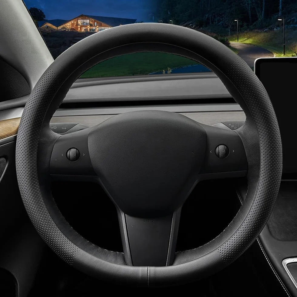 Coprivolante auto personalizzato per Tesla, in pelle nappa, ultra sottile, design antiscivolo e modifica degli interni dell'auto (per Tesla Model 3/Y) (nero)