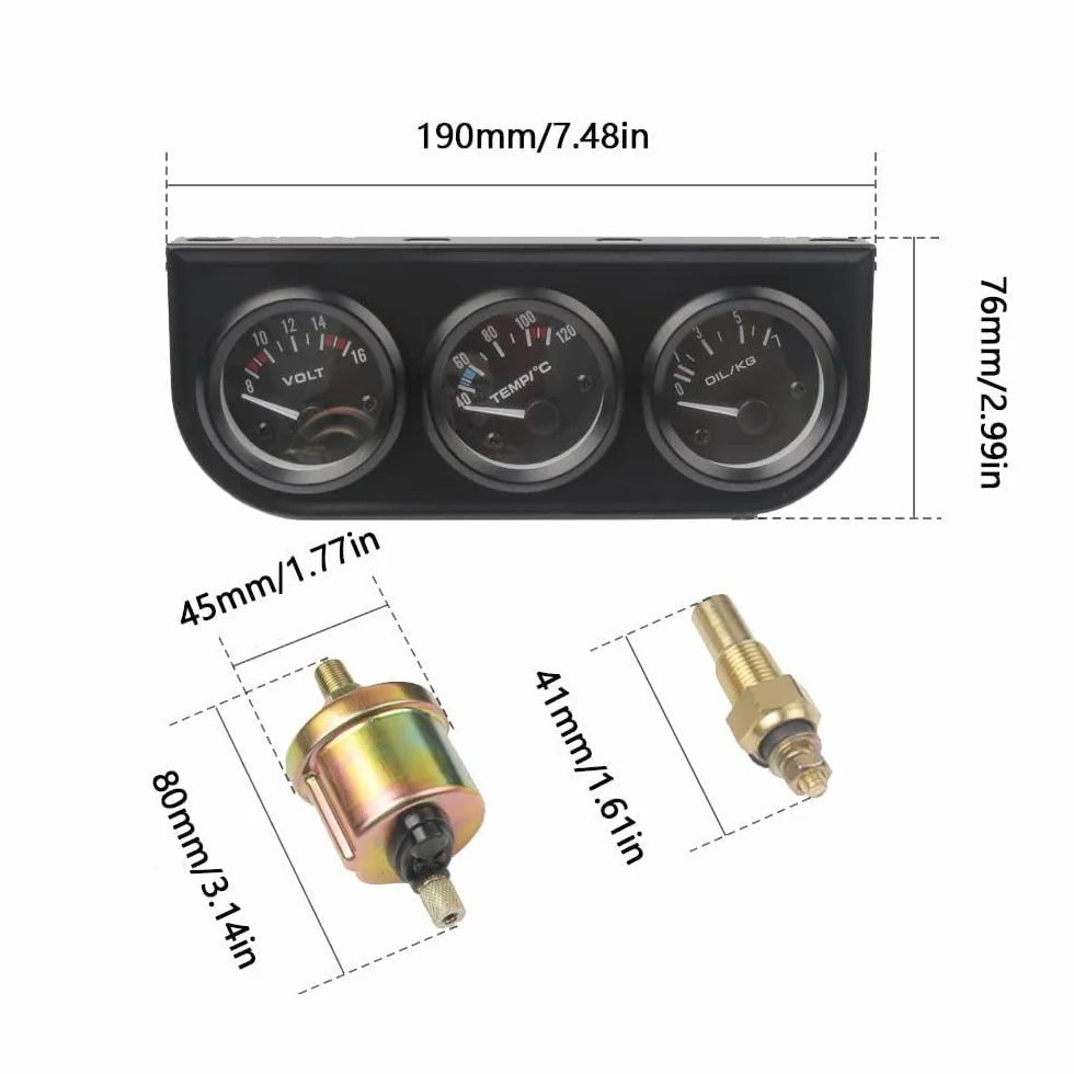 Riloer Sensore 3 in 1 Manometro Olio Indicatore Temperatura Acqua 12V per Auto Camion Trattori