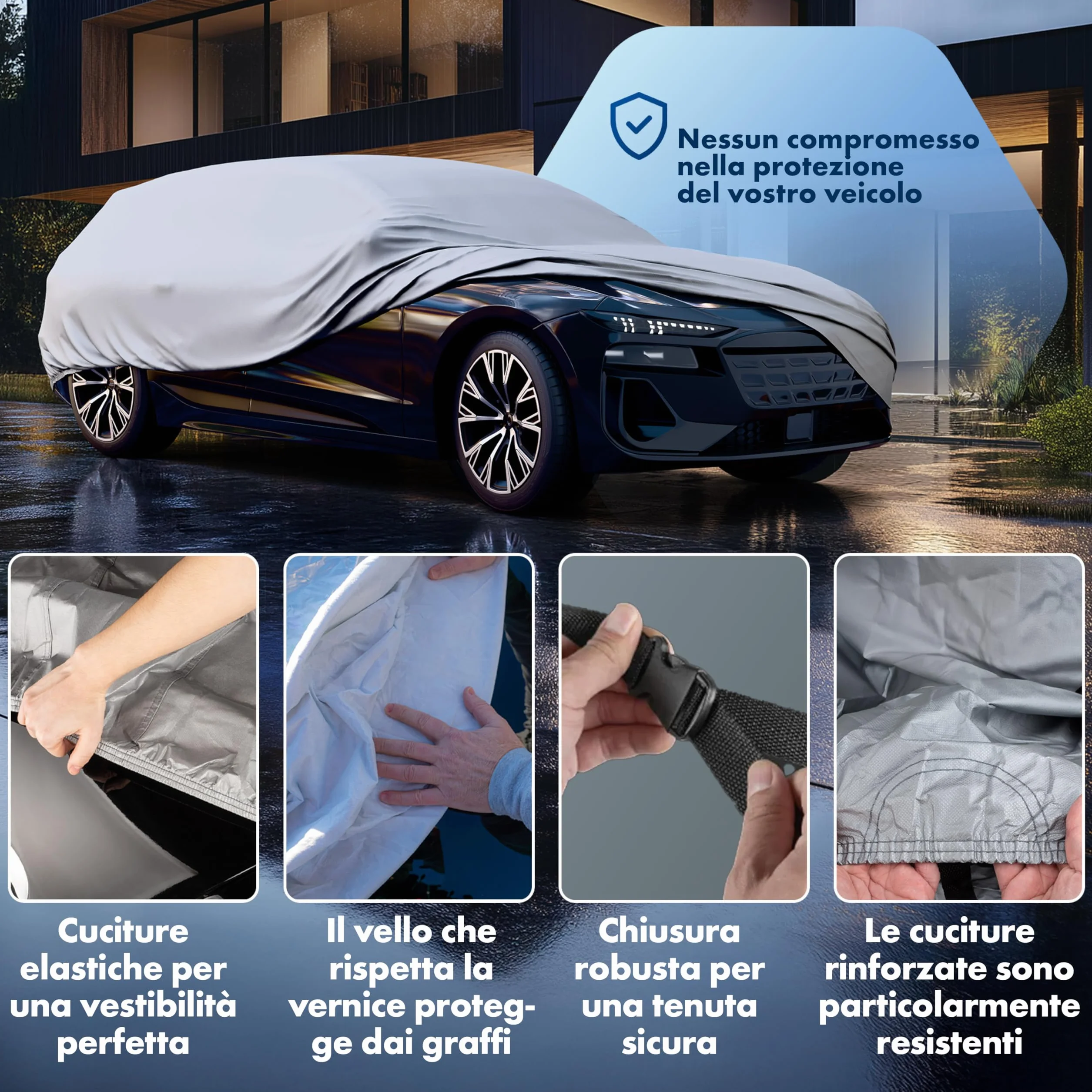 WALSER Telo Copriauto da Esterno All Weather - Telone Auto Station Wagon 100% Impermeabile e Resistente alle Intemperie, Protezione UV, Neve e Gelo, Misura 5, Argento