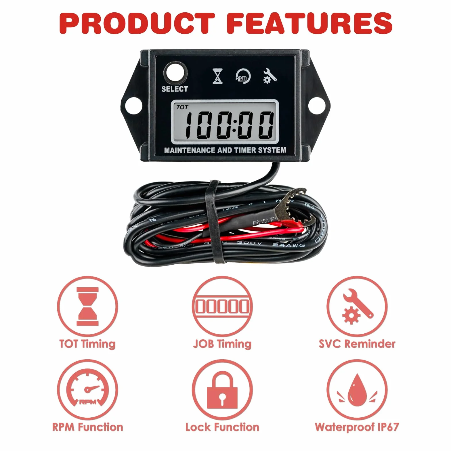 RQ-HM026C Tachimetro digitale, ore totali, promemoria SVC, impermeabile IP68, per motori a benzina come tosaerba, trattori, moto d'acqua, imbarcazioni marine, motori fuoribordo (nero)
