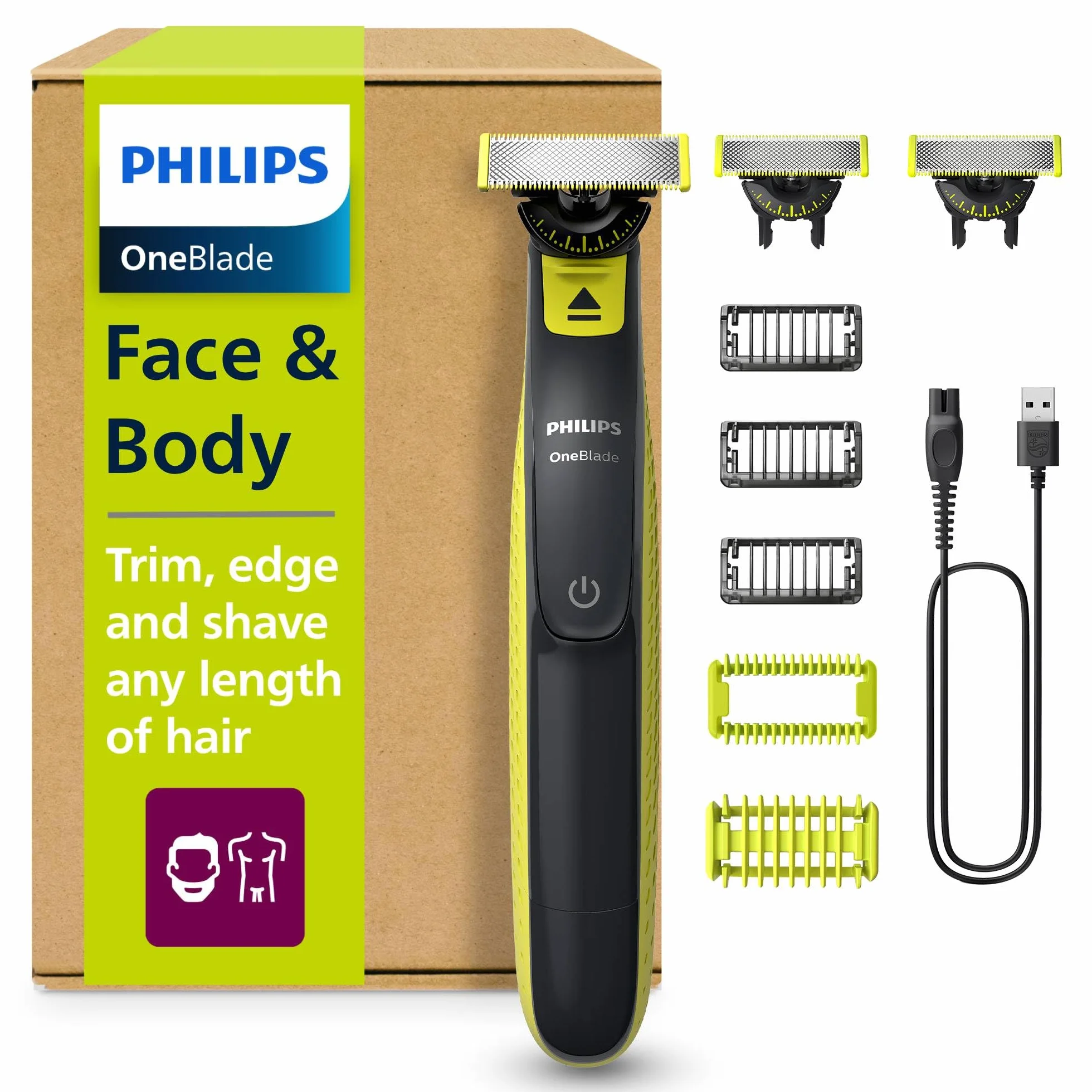 Philips OneBlade 360 Regolabarba Elettrico Viso Corpo, Rasoio Spazzola, 3 Lame 360, Pettine Barba 1-5 mm, Kit Corpo