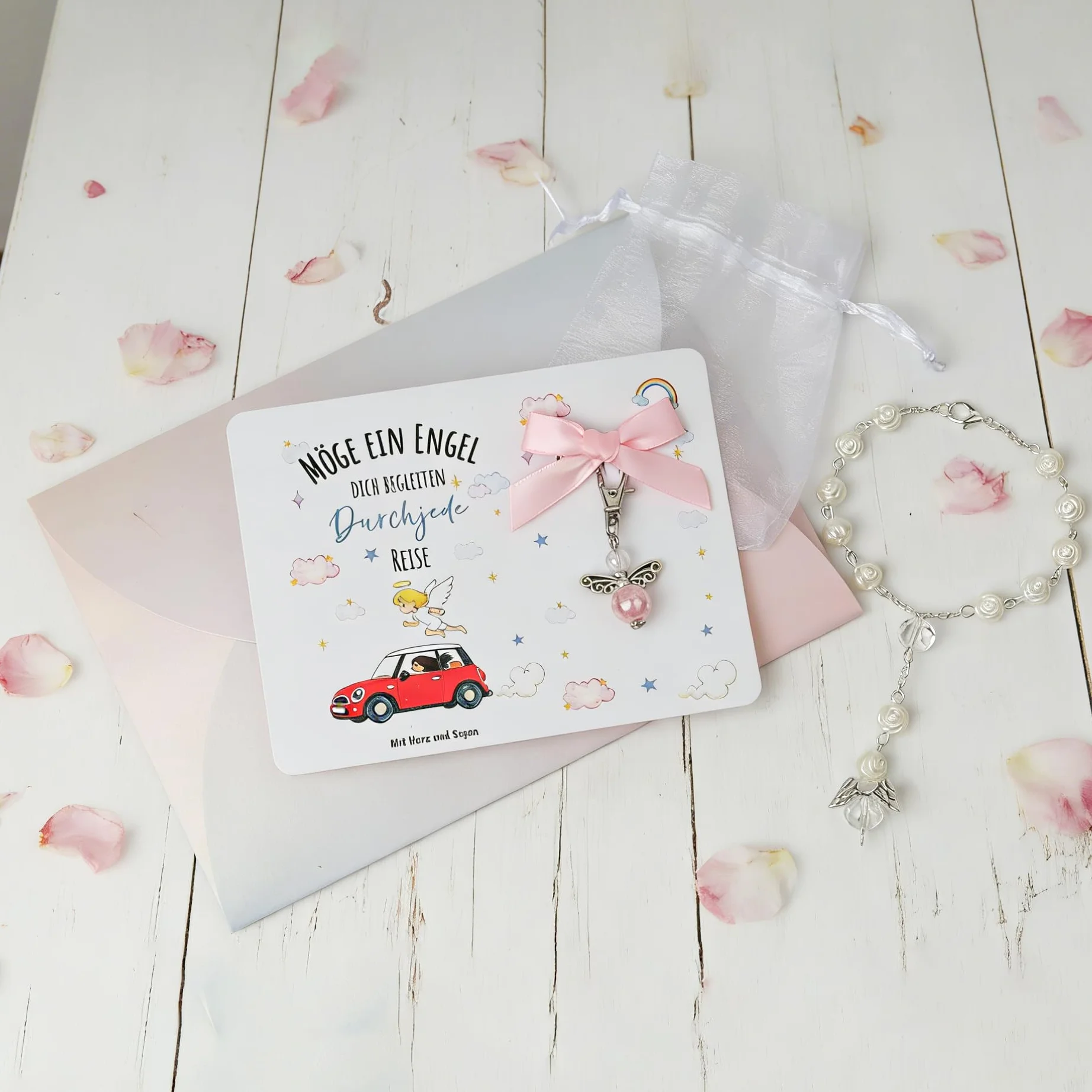 Ciondolo auto con angelo custode per specchio, rosario portafortuna, accessorio interno auto, ciondolo per auto, regalo per patente di guida e carrello (ciondolo per auto + portachiavi)