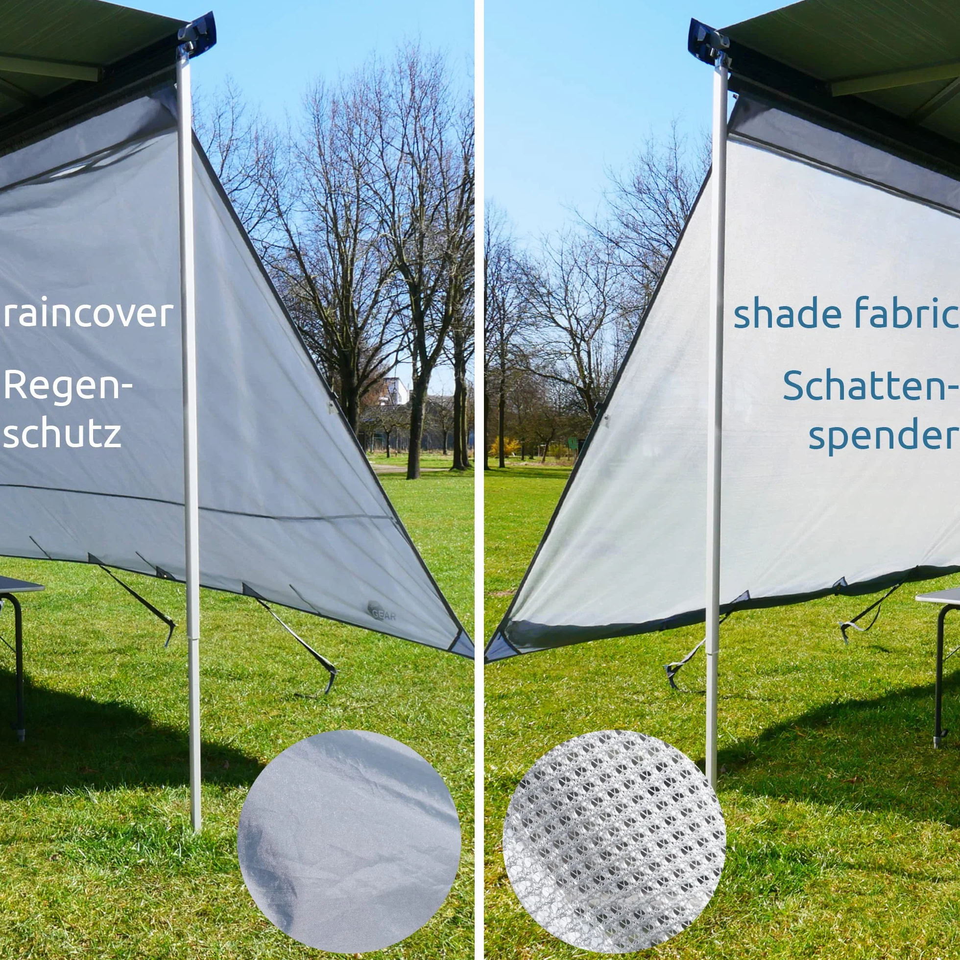 GEAR Sun & Rain Blocker Parete Anteriore Laterale Tenda da Sole UPF 50+ Colonna d'Acqua 5000 mm 3 Bordini Ø 4.3 6.2 7 mm Larghezze 240
