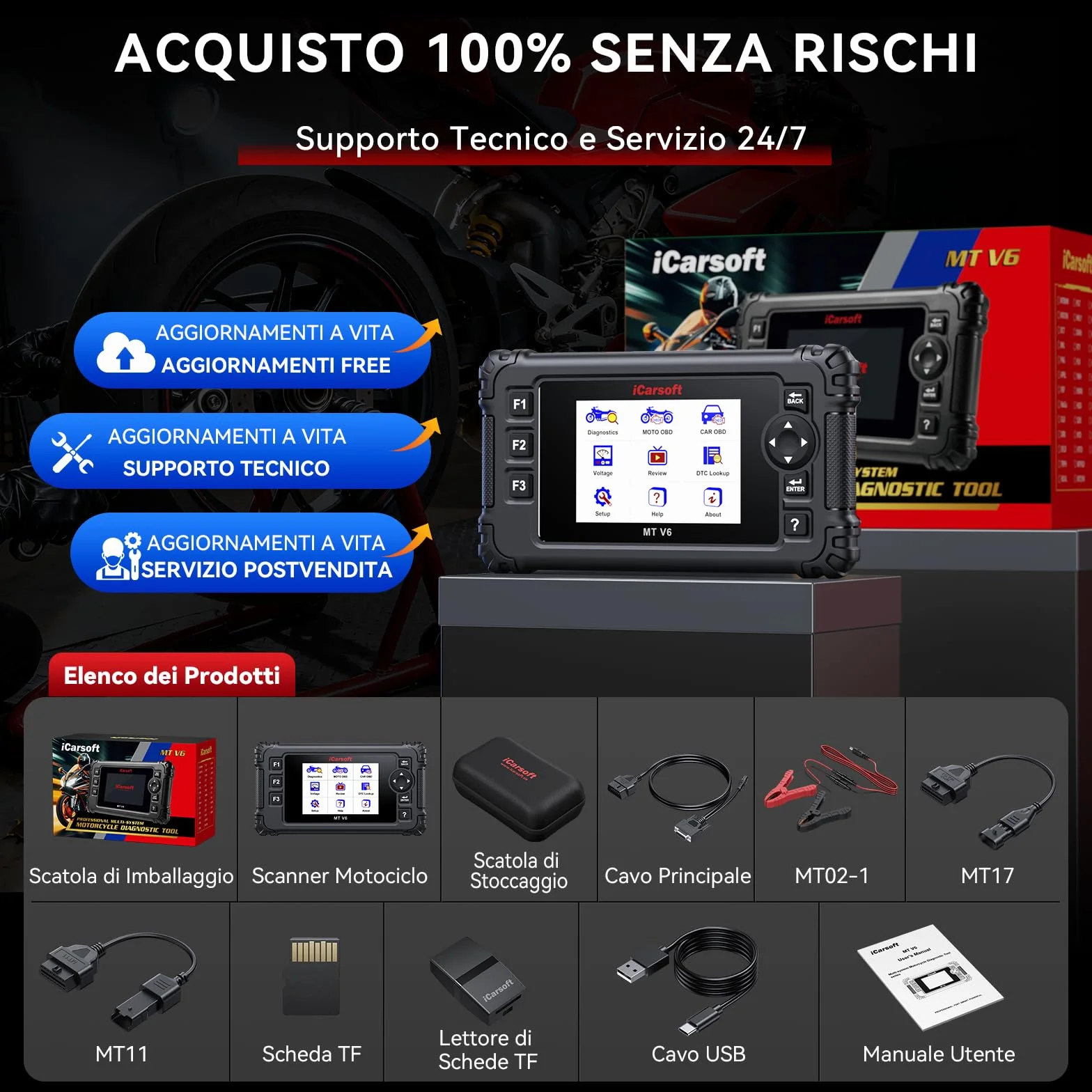 iCarsoft MT V6 Strumento diagnostico moto Ducati scanner 101 test attivi 85 servizi manutenzione lettura codici test batteria
