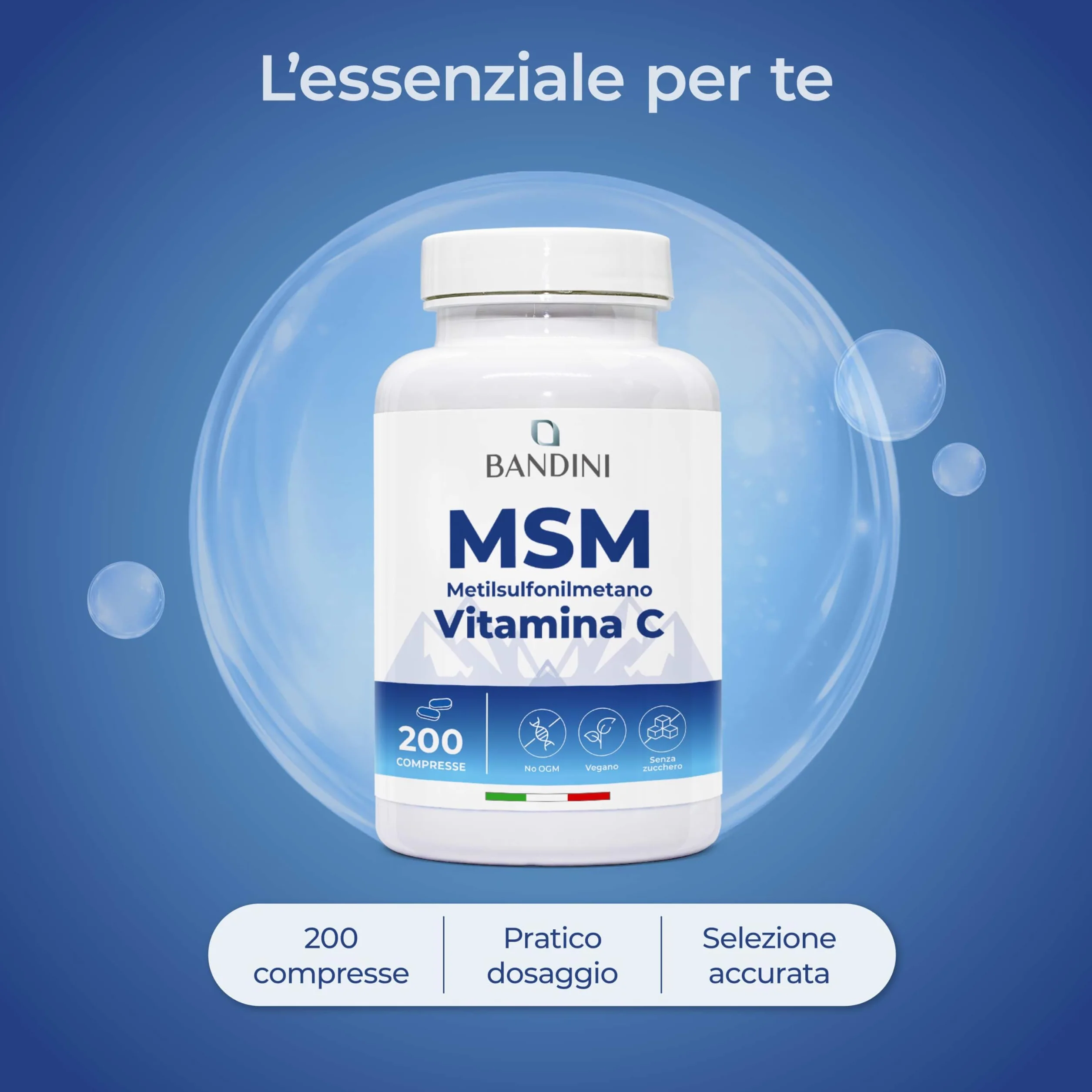 Bandini MSM 2000 mg Metilsulfonilmetano Compresse + Vitamina C Integratore Capelli Pelle Articolazioni Unghie Antinfiammatorio Muscolare Zolfo Vegan