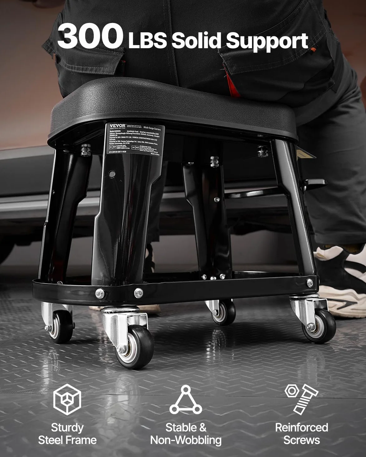 VEVOR Sgabello da Meccanico, Capacità di 136 kg Sgabello da Garage Girevole a 360° con Ruote, Vassoio Portautensili e Portacacciavite, Resistente, per Garage, Officina e Riparazione Auto, Nero