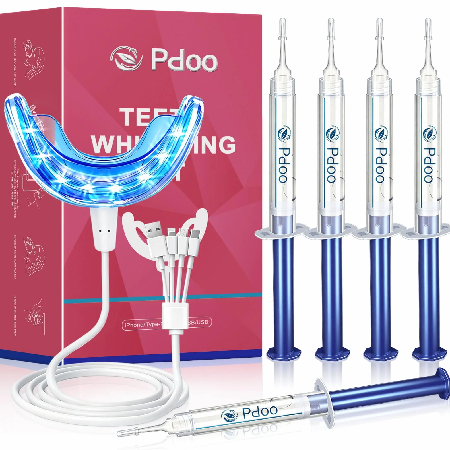 Kit Sbiancante Denti con Luce LED, 5 Gel da 3 ml, Mascherina Dentale per Sbiancamento Immediato