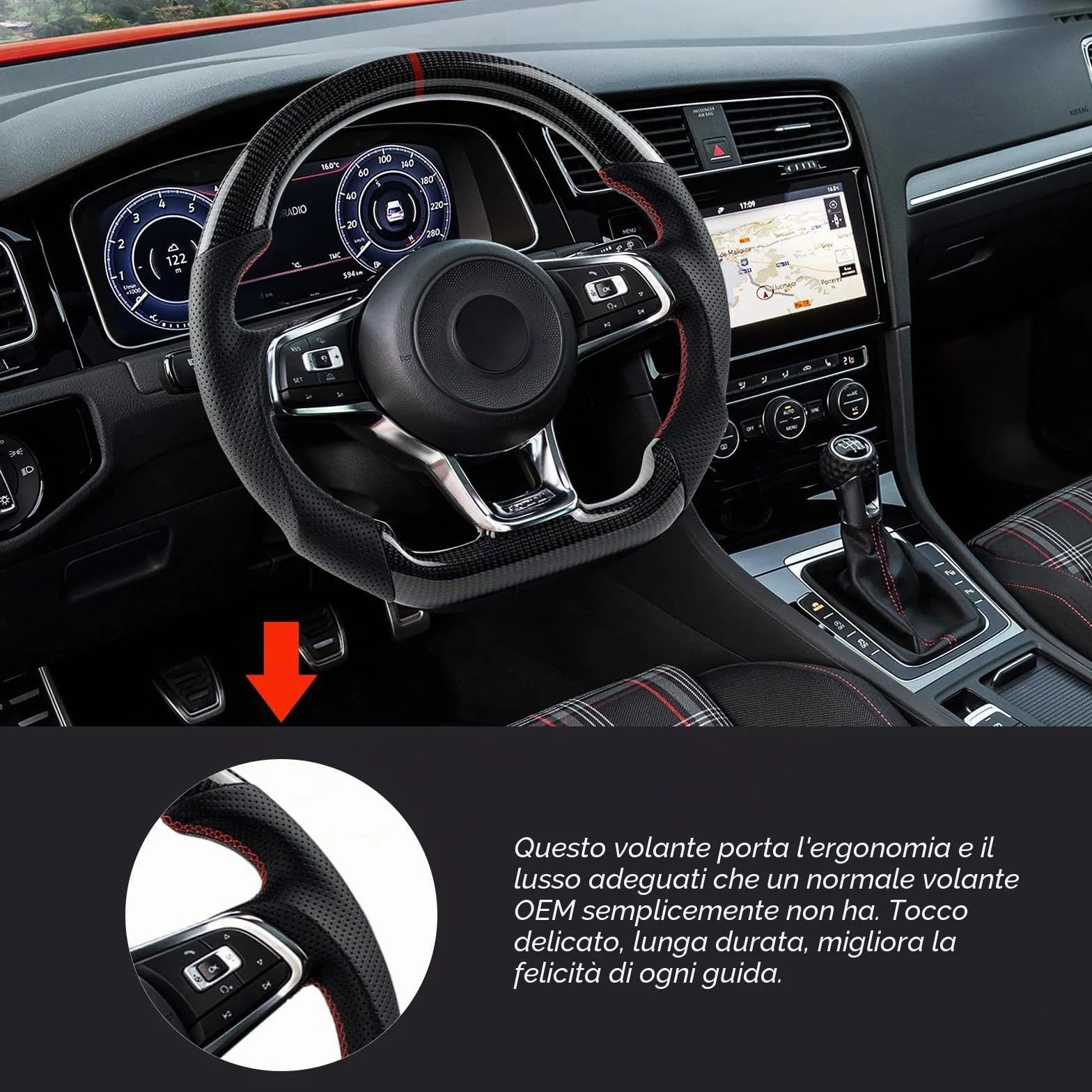 Volante in fibra di carbonio, volante in pelle, volante a forma di D, con fondo piatto e cuciture rosse, manopola in pelle traforata per VW Volkswagen Golf MK7 GTI/R 2015-2019