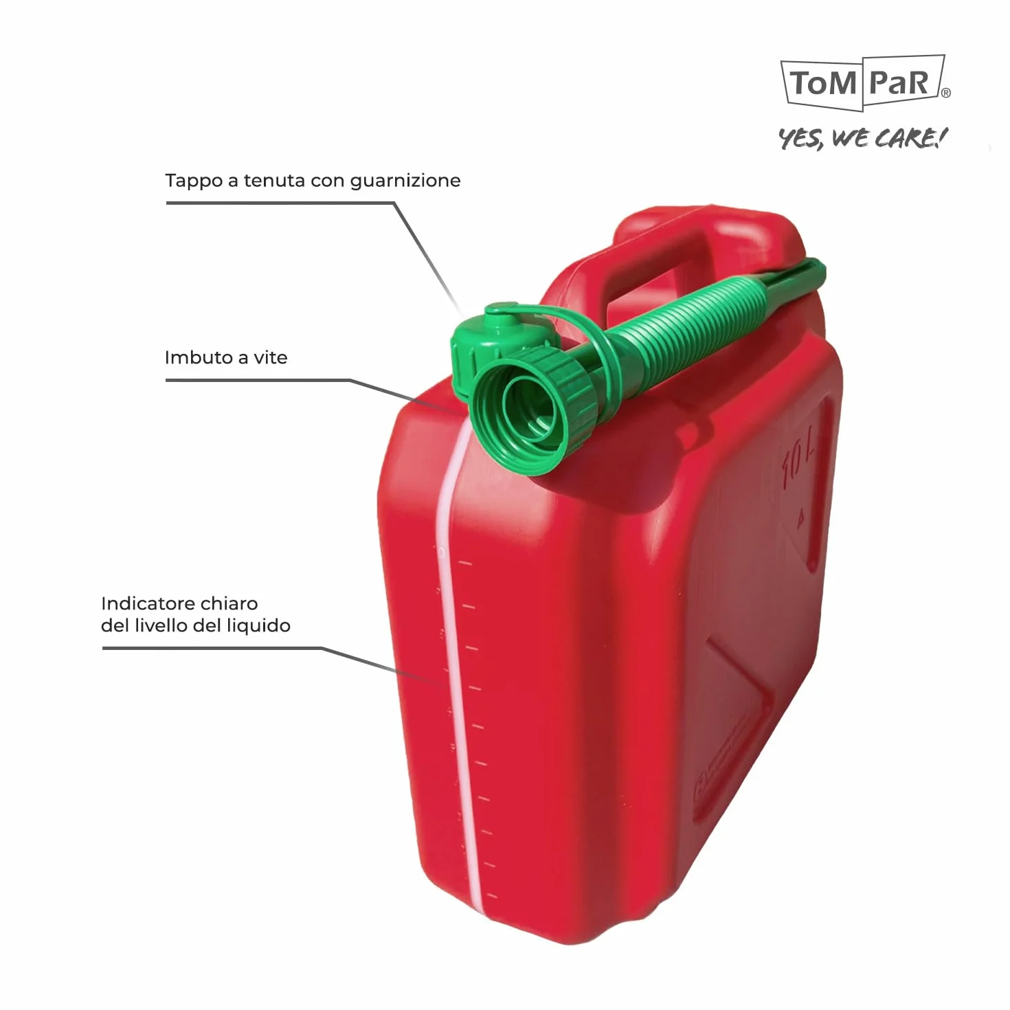 ToM PaR Tanica benzina 10L HDPE Certificata UE Indicatore livello beccuccio anti-versamento Per benzina & diesel Rossa