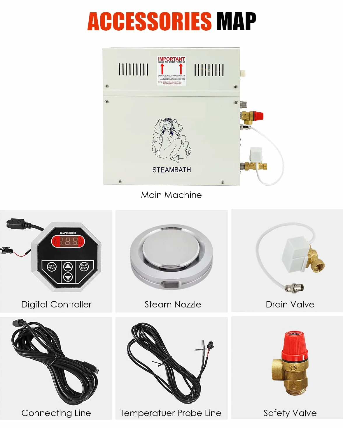 CGOLDENWALL 6KW Kit Sauna Generatore di Vapore 220V Domestico Turco Doccia Bagno SPA Autodrenante Regolatore Digitale Display 6m³ Termostato Automatico 35-55℃