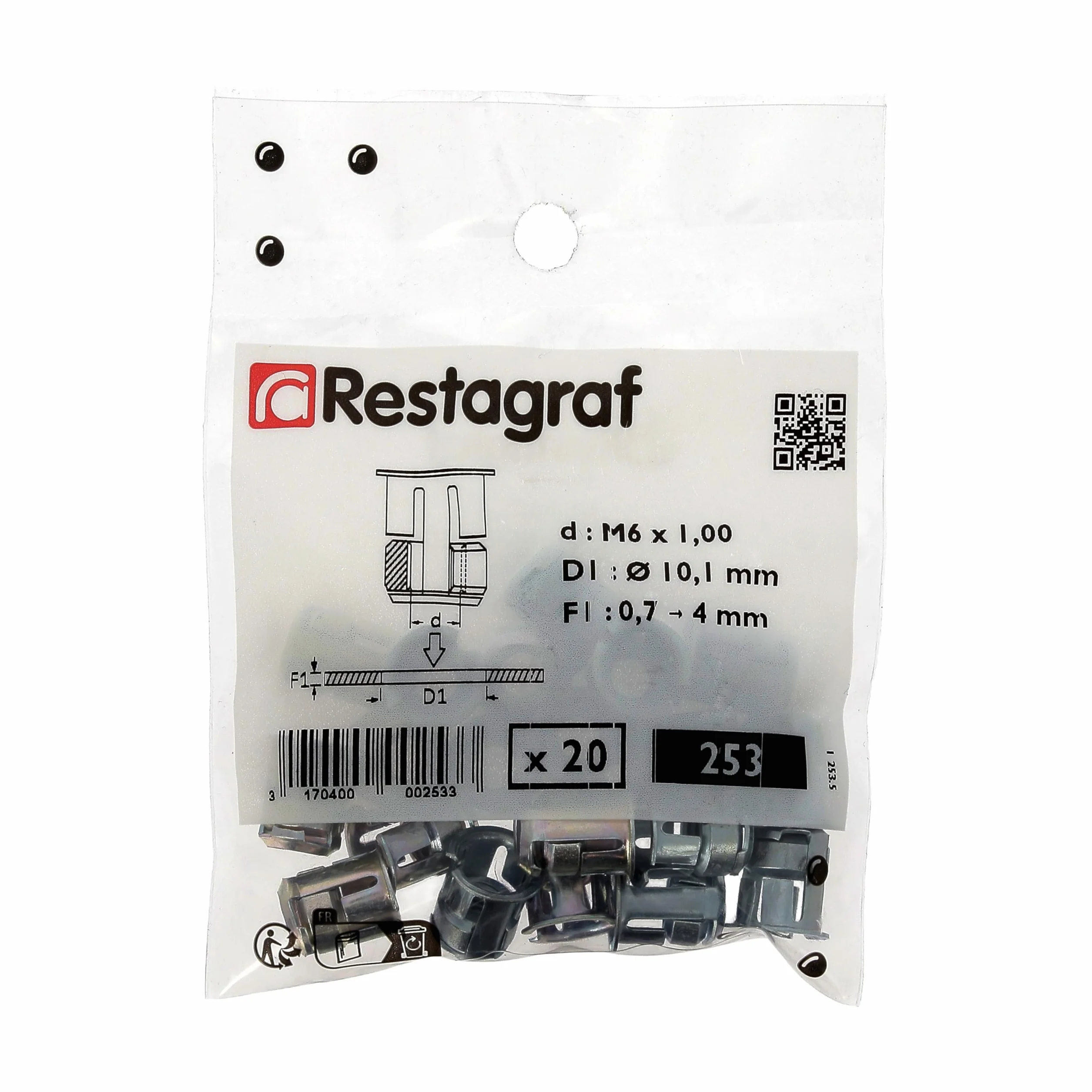 Dado gabbia in metallo in sacchetto per veicoli Renault/PSA, M6-1.00, confezione da 20