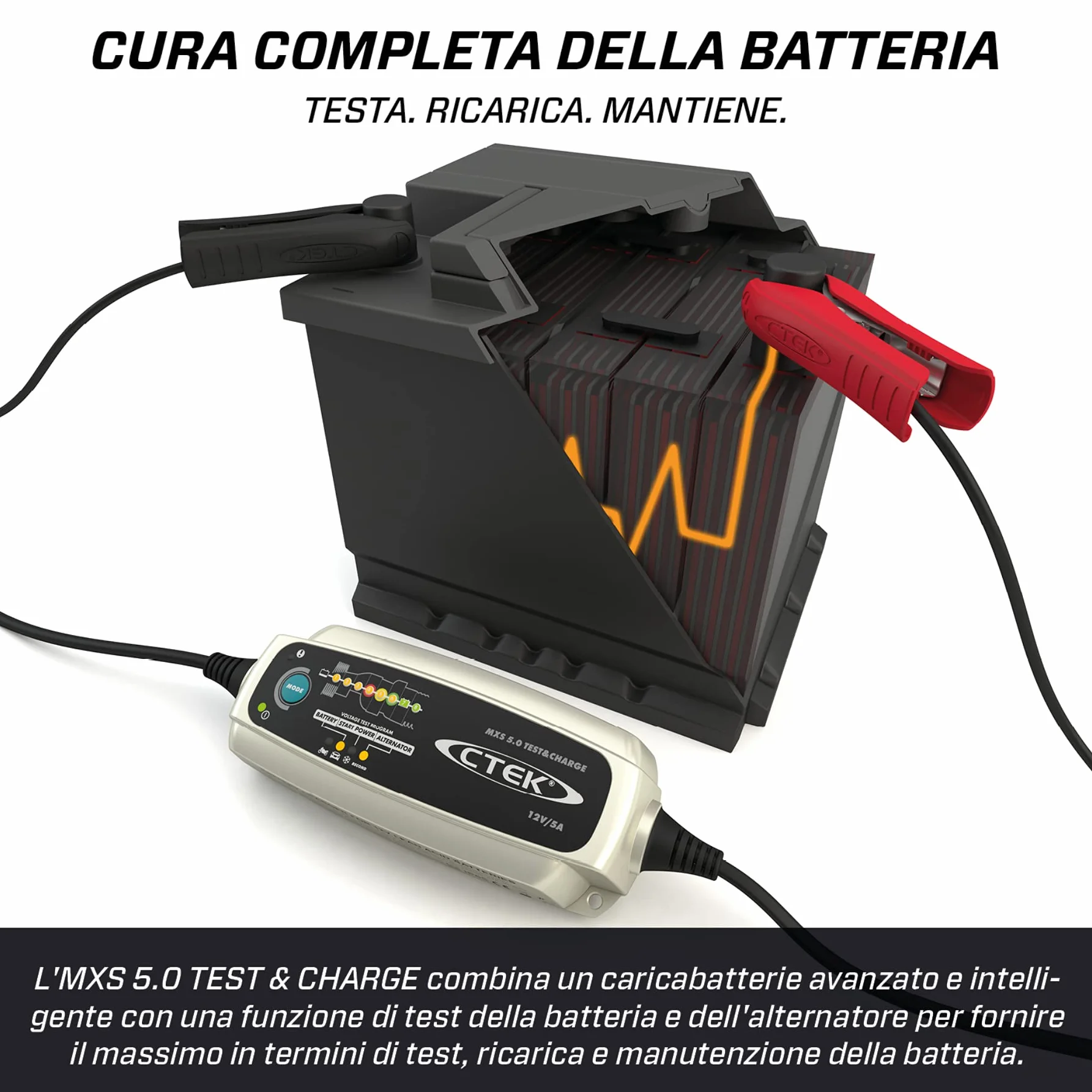 CTEK MXS 5.0 TEST & CHARGE Caricabatterie 12V 5A, Mantenitore Di Carica Per Batteria Auto, Caricabatterie Auto E Camion, Tester Dell'Alternatore Con Modalità Di Ricondizionamento