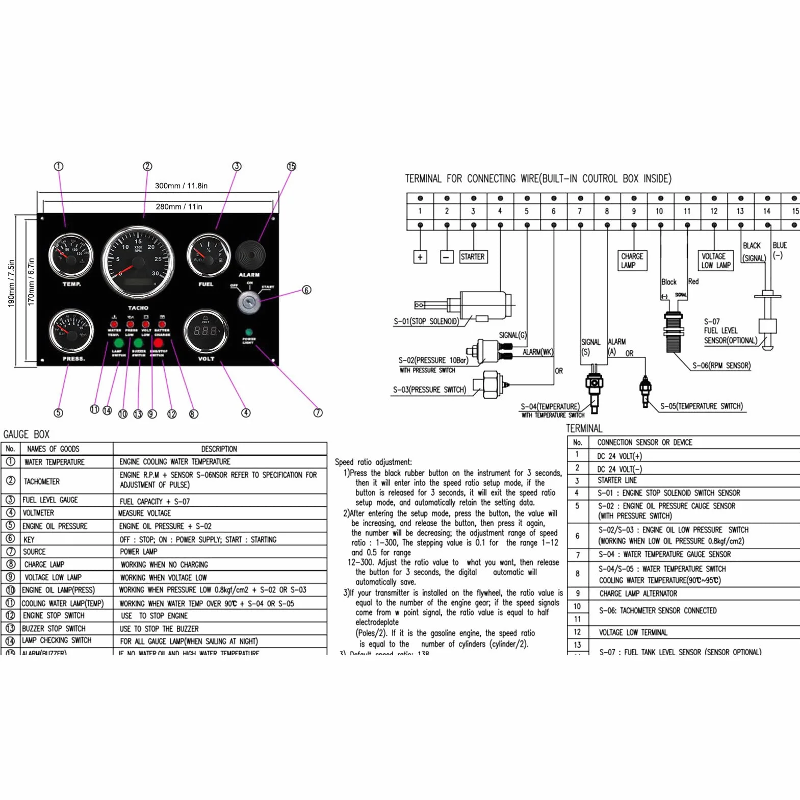 Quadro Strumenti, Cruscotto del Motore Quadro Strumenti con Velocità Motore Livello Olio Pressione Temperatura Acqua Display Tensione con Retroilluminazione Rossa per Barche Camper(12V)