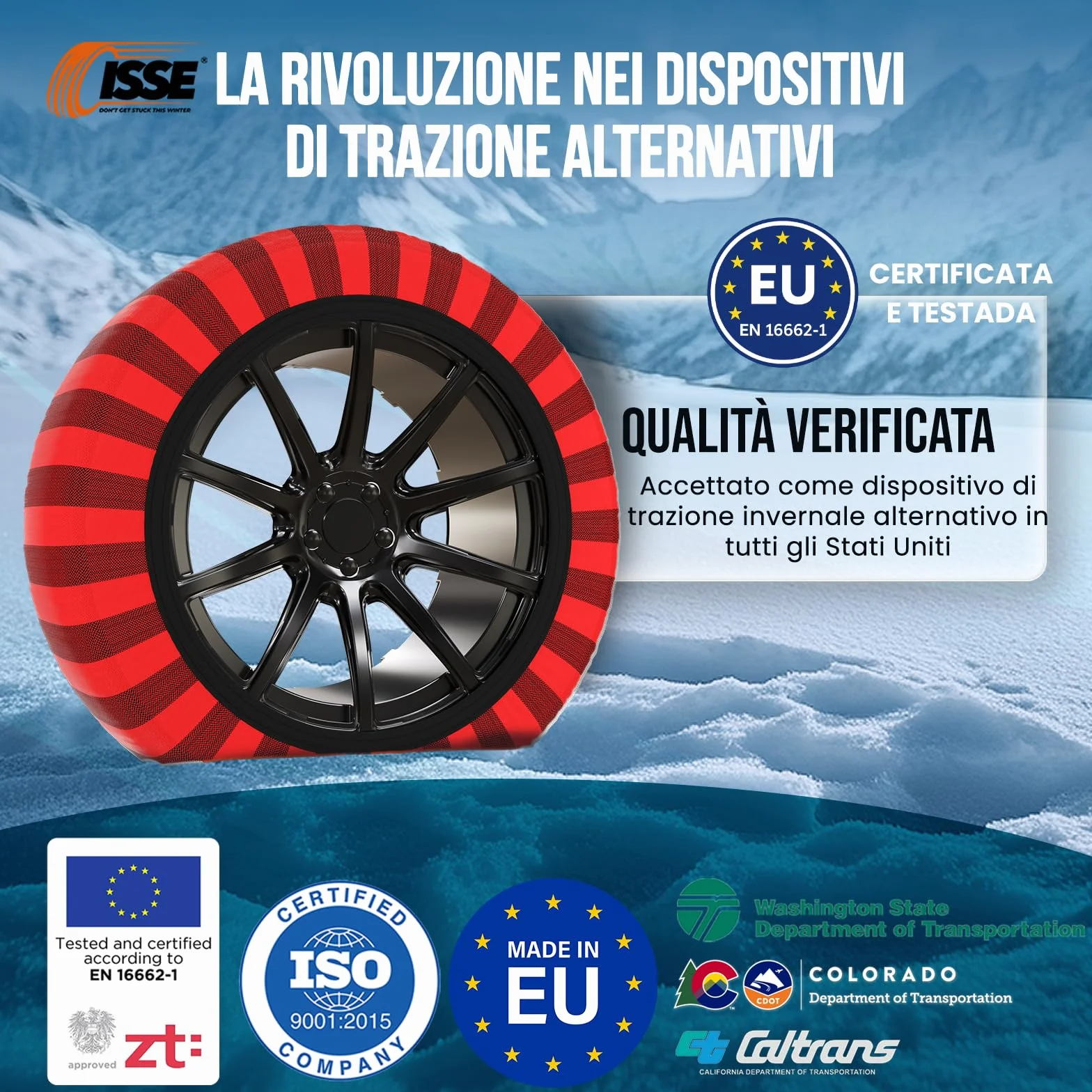ISSE Calze da Neve Omologate Italia EN 16662-1 – 2 Catene da Neve in Tessuto per Auto Facili da Installare - Resistenti - Guanti Inclusi T70