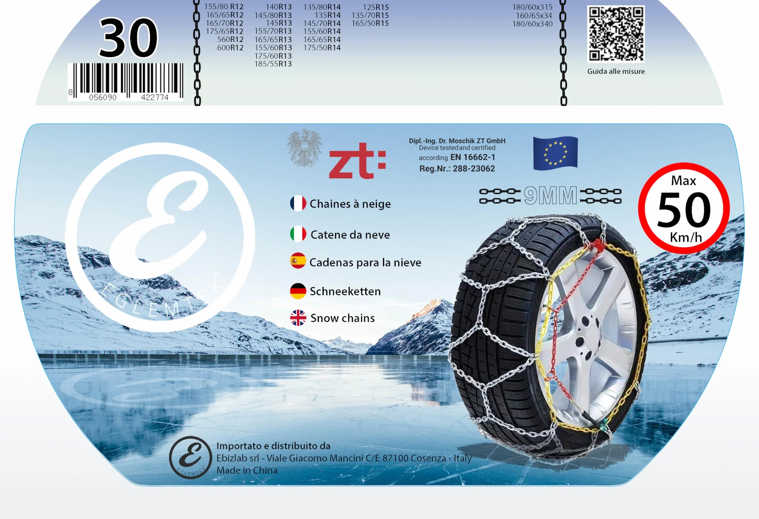 Catene da Neve in Metallo 9 mm Omologate TÜV GS Onorm Montaggio Rapido Tensionatore Autobloccante per Auto SUV Furgoni Misura 30
