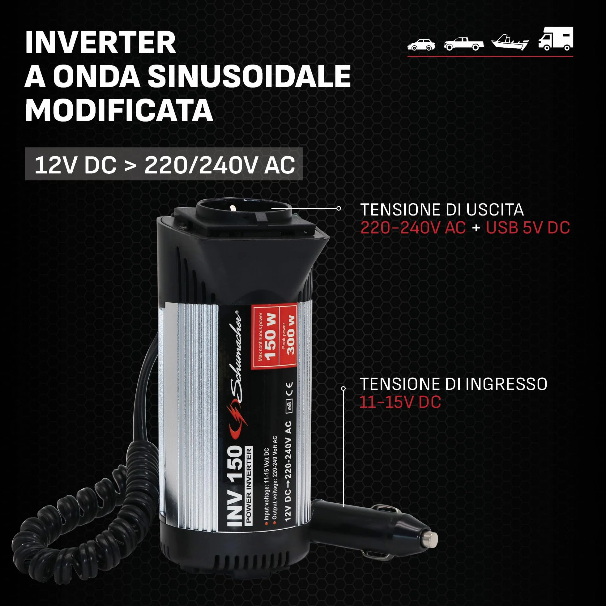 Schumacher Electric INV150 Inverter 12V 220V 300W con USB e Presa Accendisigari