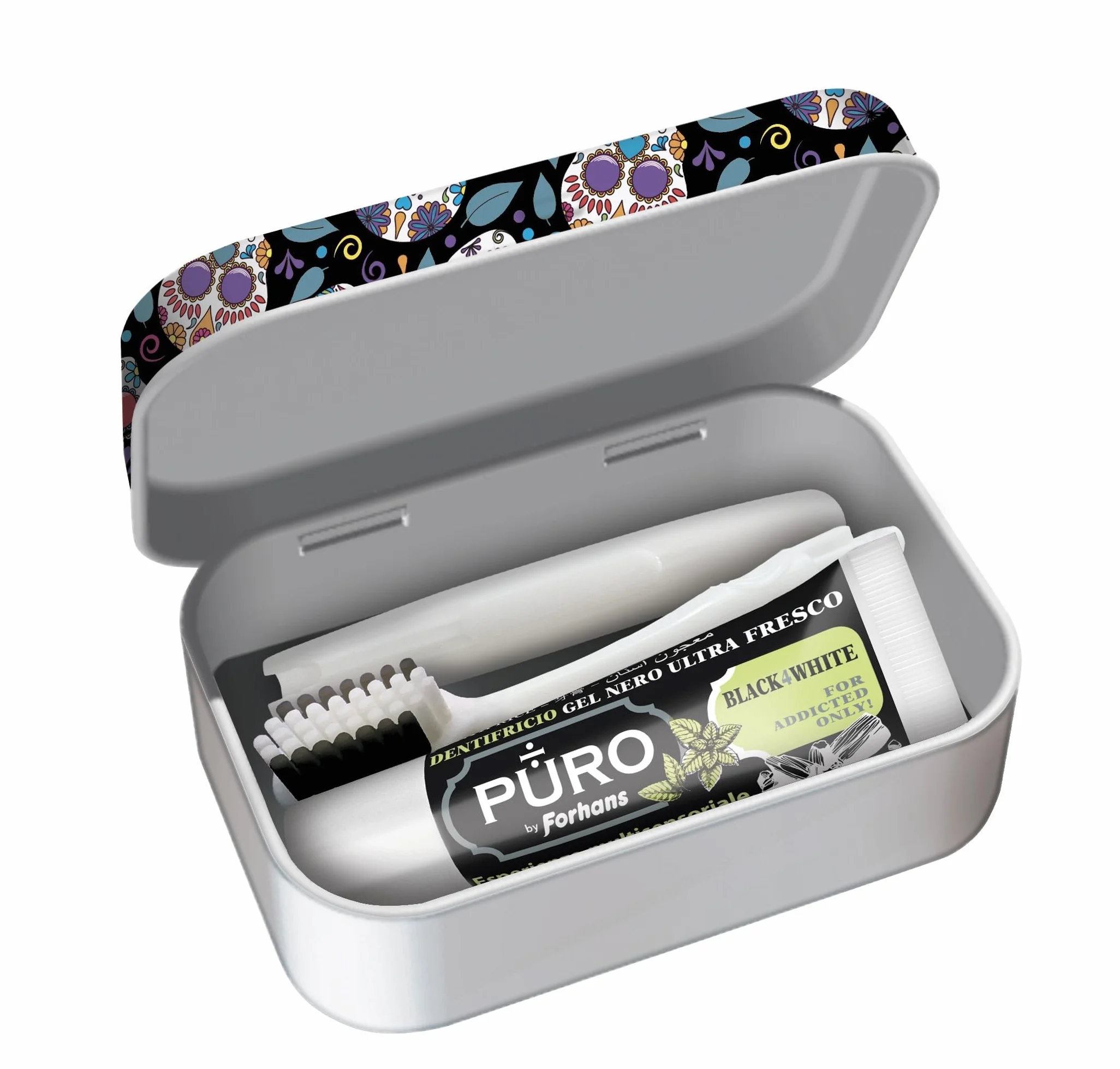 Forhans My Travel Box Teschi Nero Kit da Viaggio con Spazzolino Componibile e Dentifricio al Carbone Attivo