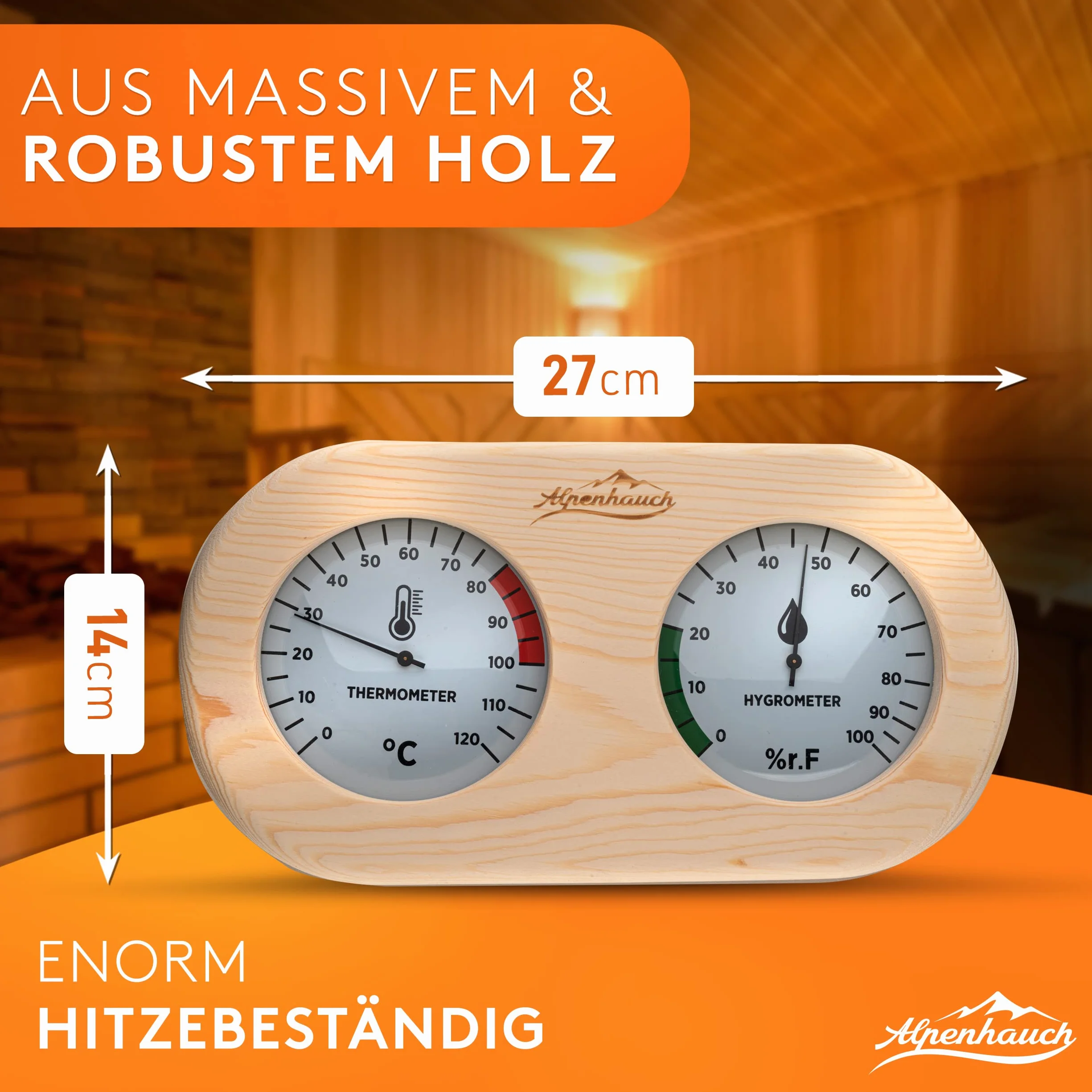 ALPENHAUCH Termometro da sauna igrometro in legno 2 in 1 con vetro temperato calibrazione automatica