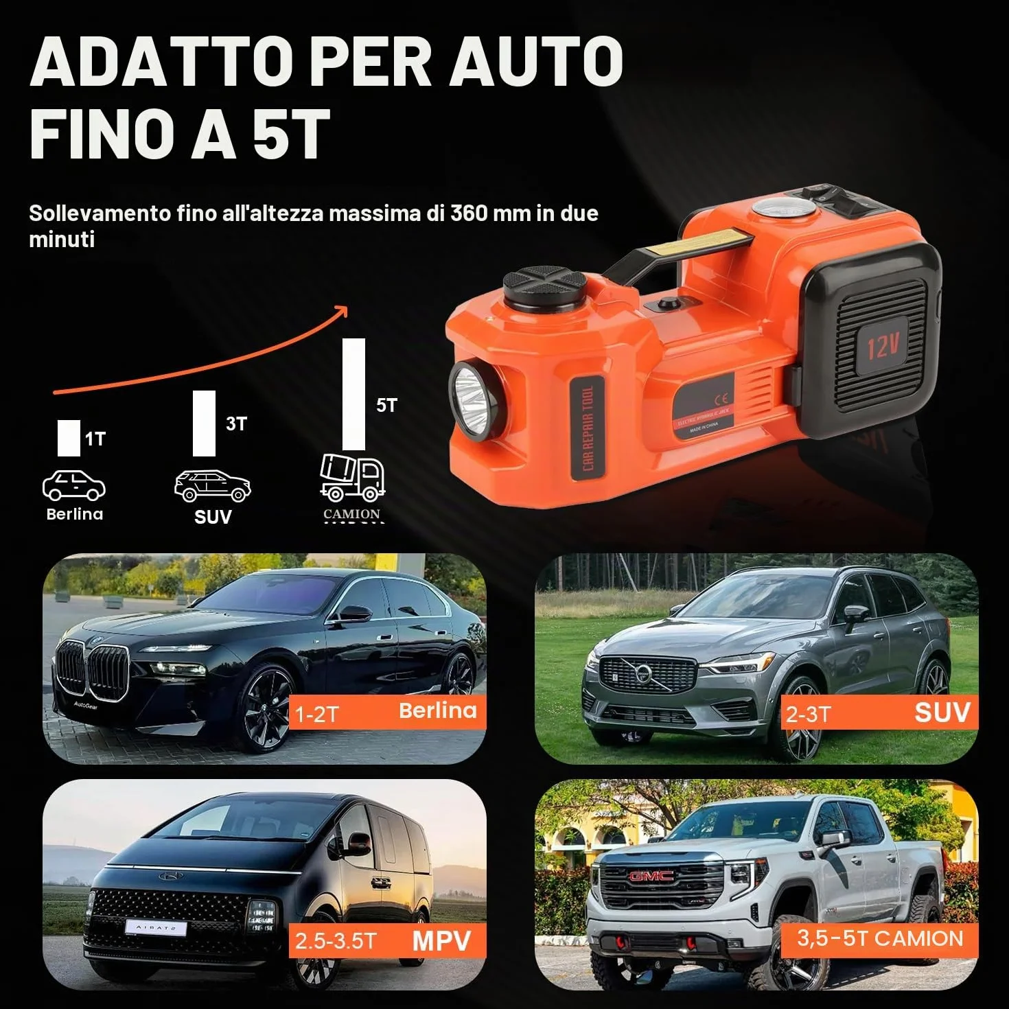 VOBOR Cric Elettrico 5T, 12V Sollevatore Auto Martinetto Idraulico con Pompa di Gonfiaggio e Fari A LED, 135-360 mm Car Electric Jack per Auto e SUV