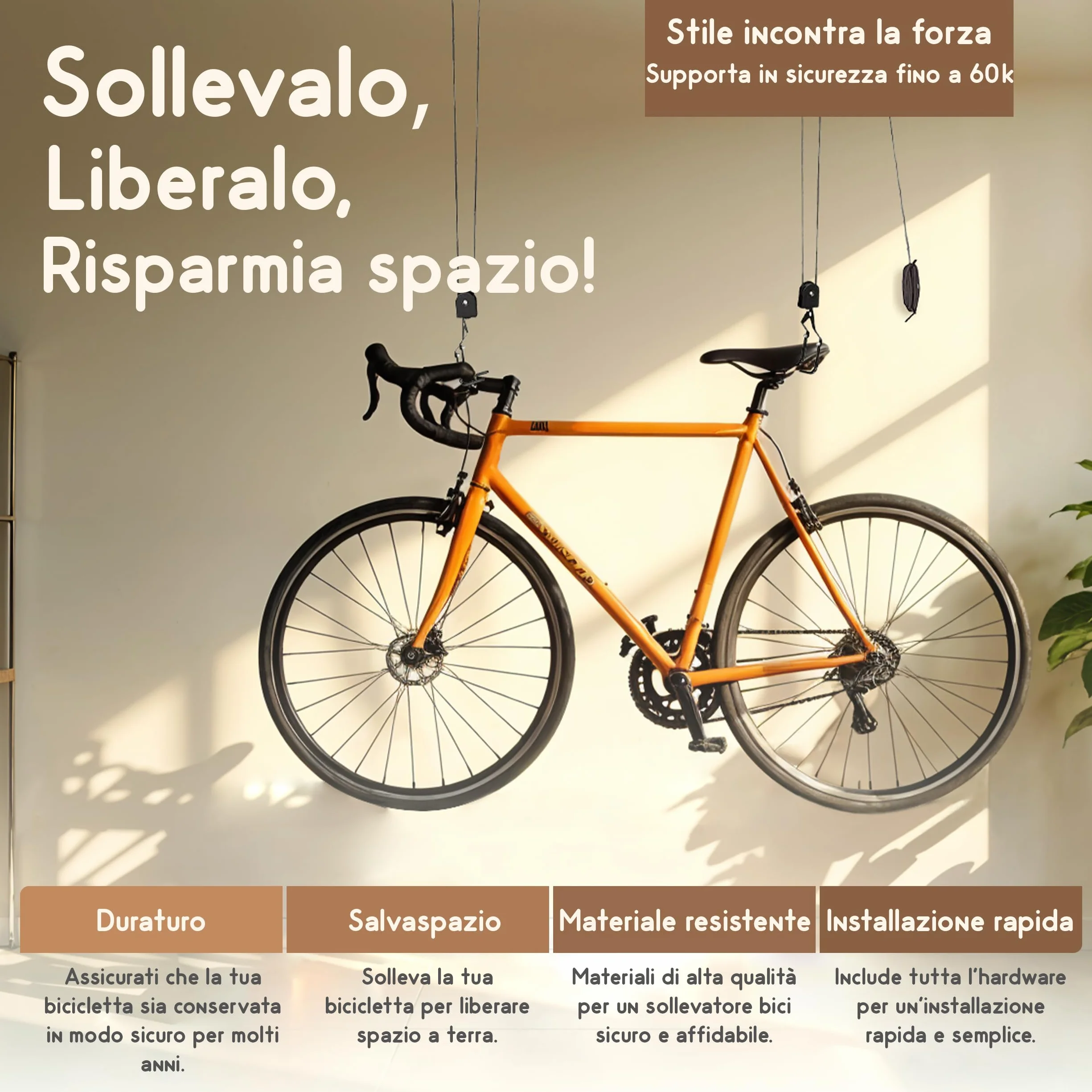 Bicicletta di Sollevatore Supporto Soffitto 60 kg 4 m