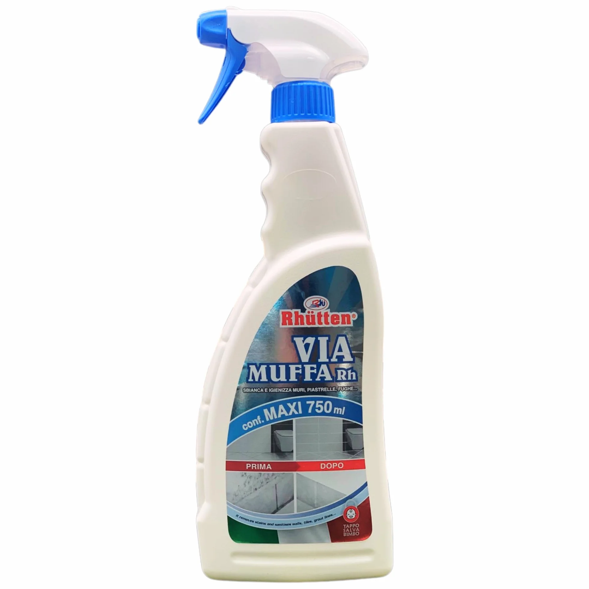 Detergente Spray VIA MUFFA Sbianca Macchie Nere Igienizza Muri Piastrelle Fughe 750ml + Spugna Magica + Guanti HDPE Monouso 2 Flaconi
