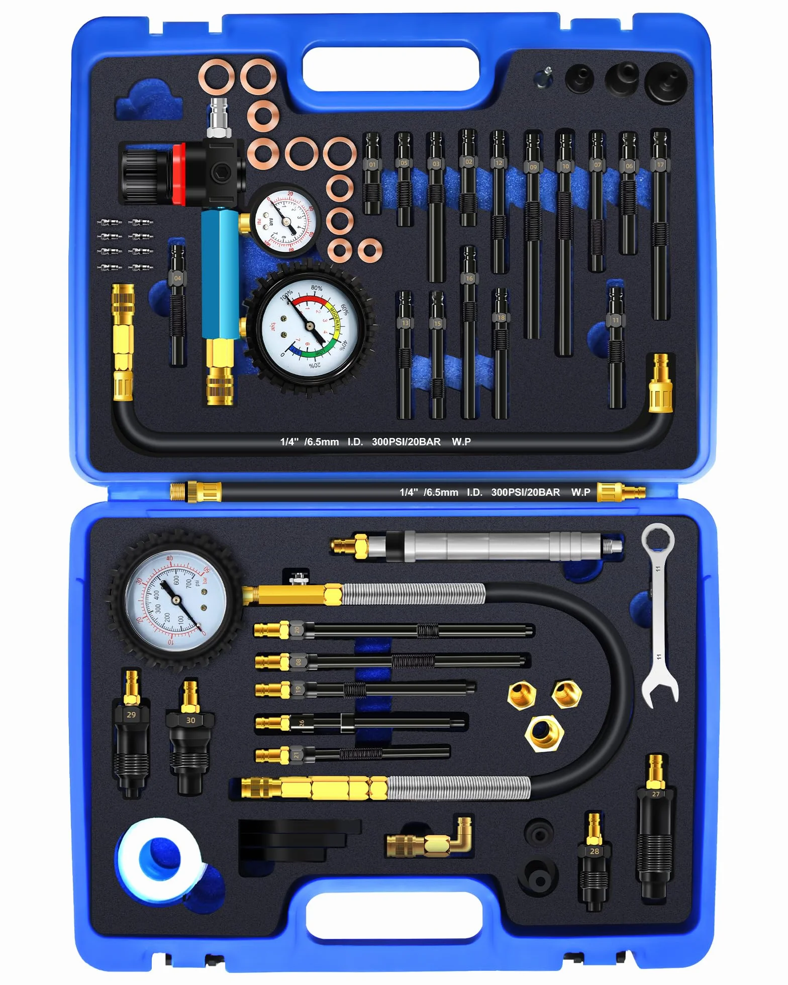 RUIZHI 46PCS Tester di compressione - Tester di Perdita di Pressione 0-50 bar | 0-725 psi, Testers Motore per Motori Diesel e Benzina HDi, TDCi, Auto, Camion, M8, M10, M12, M14, M20, M22, M24
