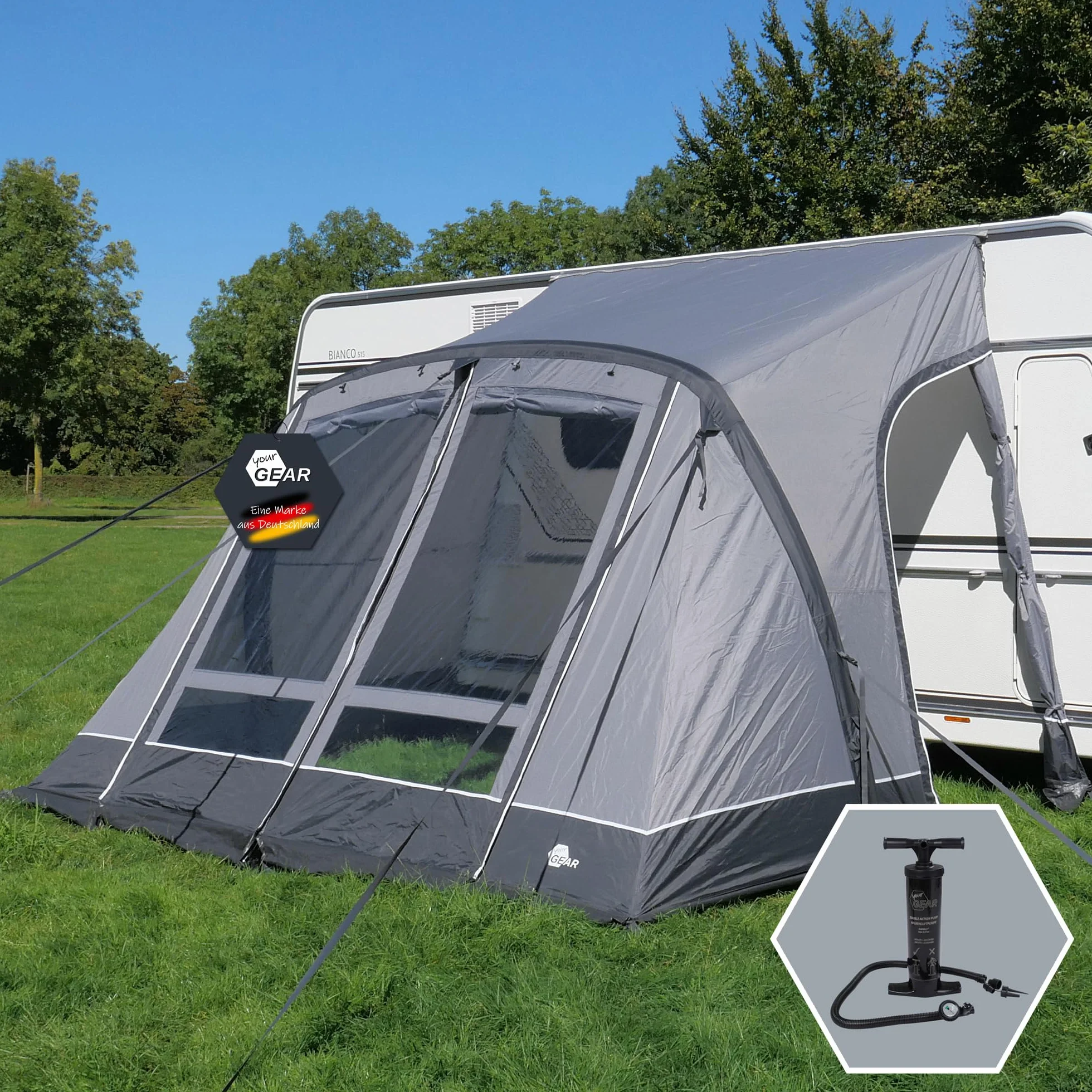 your GEAR, tenda gonfiabile Vicenza 350E AIR - tenda gonfiabile 350 x 250 cm per roulotte con protezione solare UPF 50+ e colonna d'acqua 5000 mm, tenda grigia per camper e roulotte inclusa di pompa