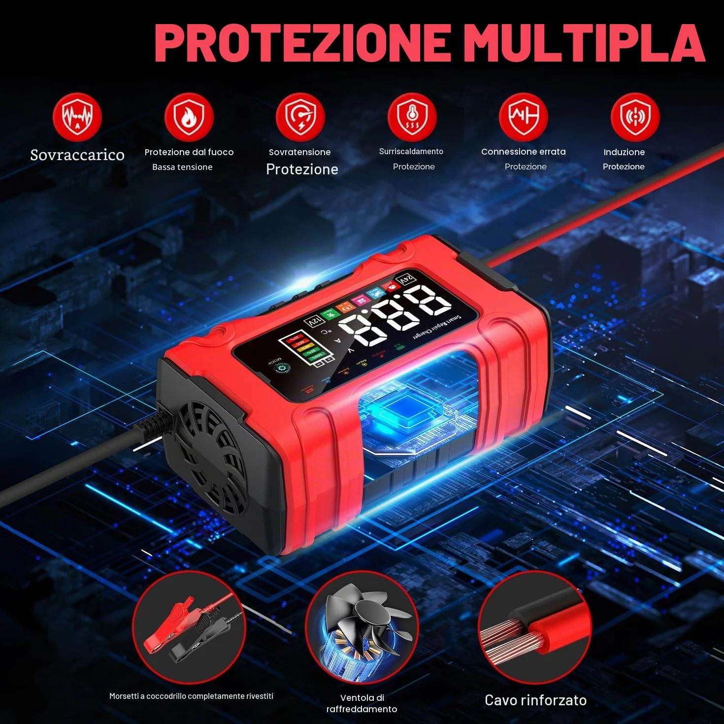 Carica Batteria per Auto 10A 12V/24V Caricabatterie Mantenitore con Riparazione per AGM GEL Wet SLA LiFePO4