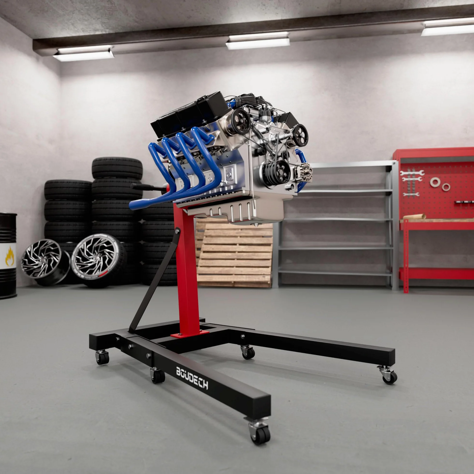 Keplero Cavalletto di Sostegno per Motore Max 900Kg in Acciaio Supporto con Bracci Girevoli 360° Nero
