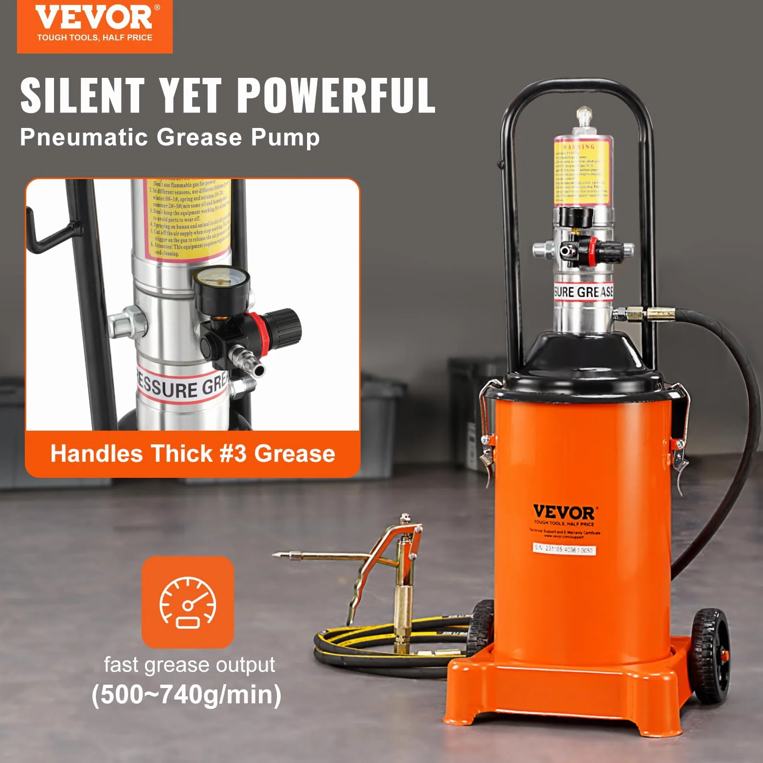 VEVOR Pompa per Grasso Pneumatica Rapporto Pressione 50:1 Pompa per Secchio per Grasso Pneumatica 12 Litri Pistola per Grasso Pompa Grasso Portatile Ruote Tubo 4m Ugello a 360° Raccordo NPT Standard