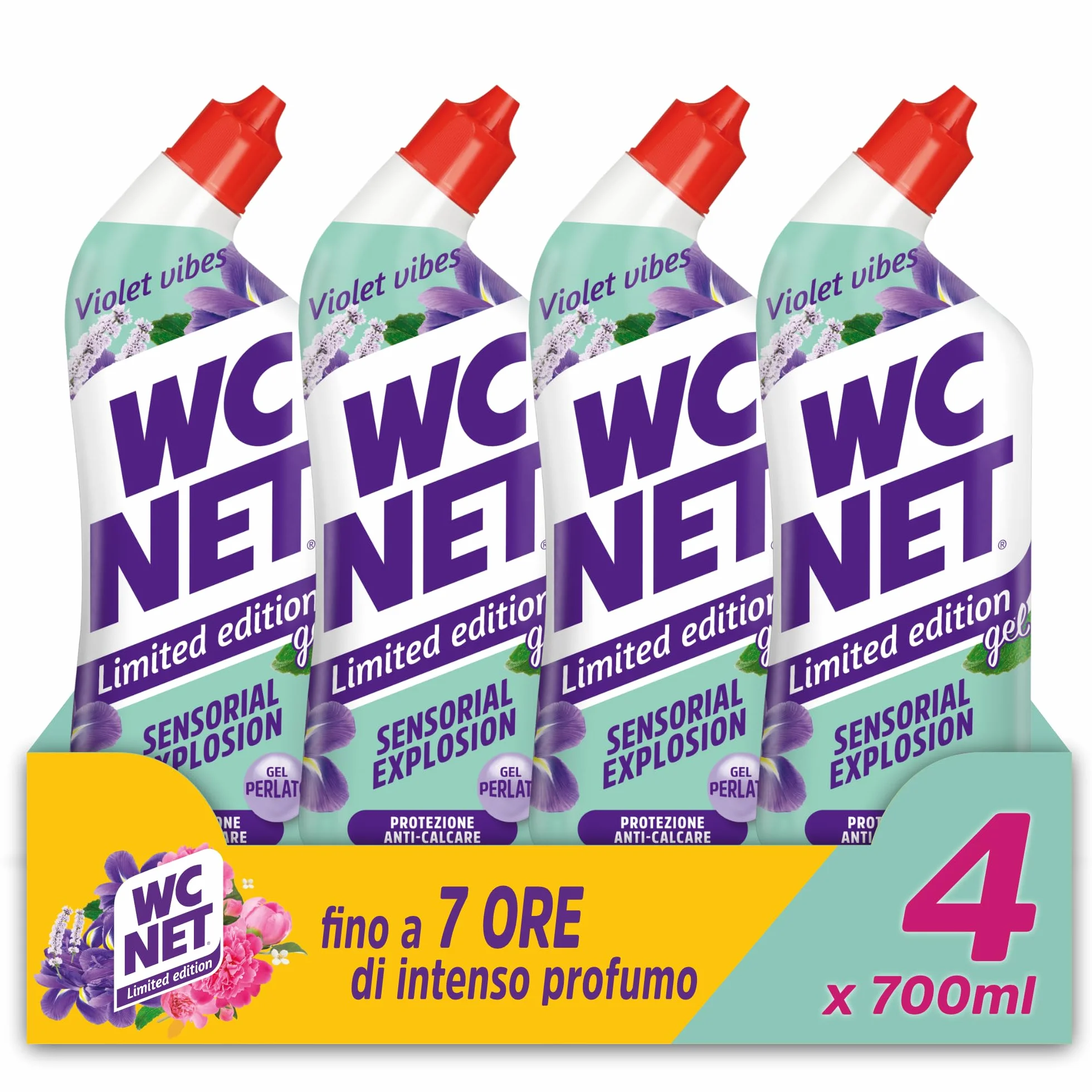Wc Net Detergente Liquido per Sanitari Essenza Iris Viola e Patchouli Prevenzione Calcare 700 ml x 4 Confezioni