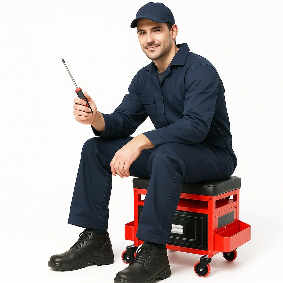 Sgabello Mobile da Officina con Cassetto, Vani e Vassoio Porta Attrezzi e Viti, Sedia per Maccanico Officina Portattrezzi, Ruote Girevoli a 360°, Seduta Imbottita e Struttura Acciaio, capacità 136kg
