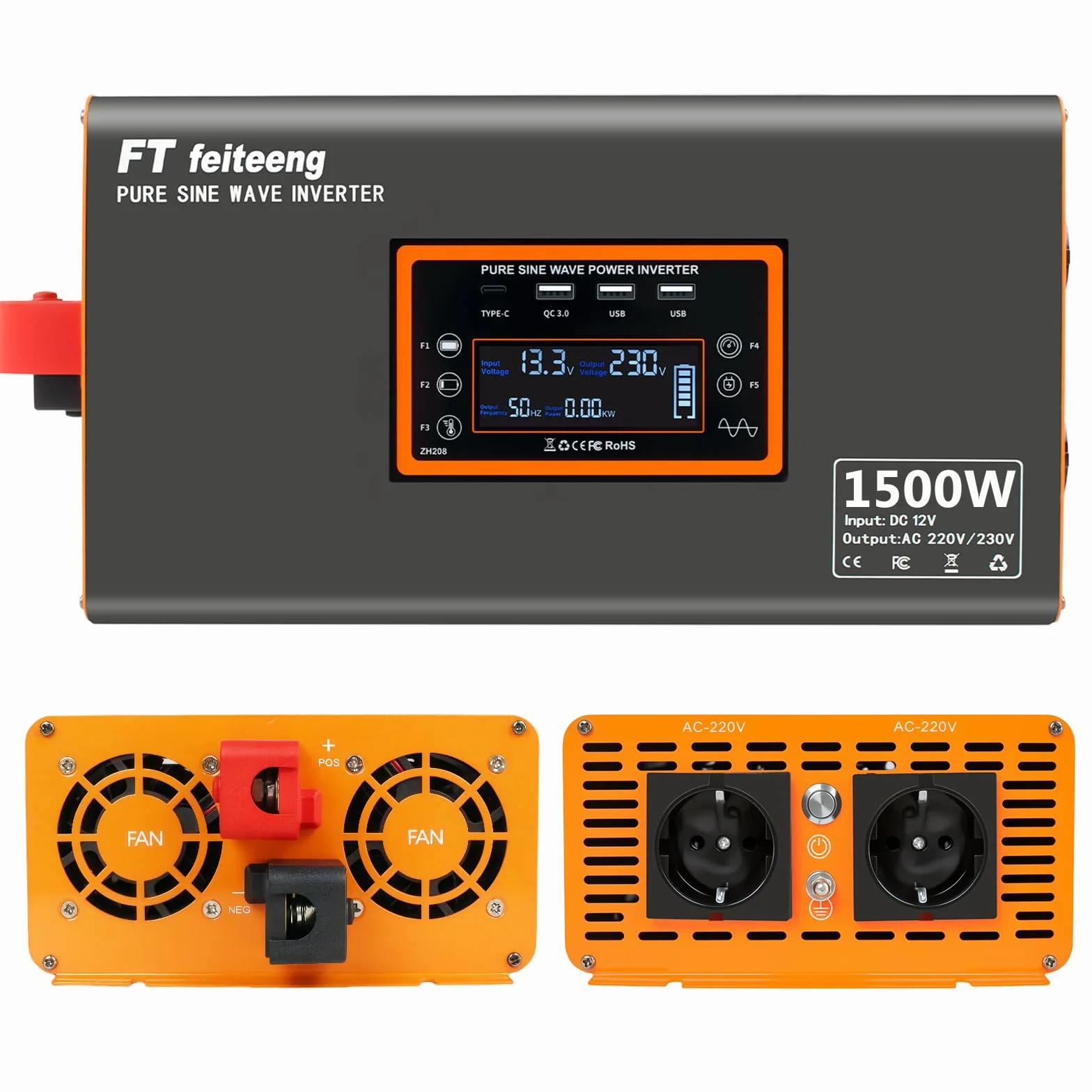 1500W/3000W Pure Sine Wave Inverter 12V 220V LCD Display with Remote, USB-C & QC 3.0 for Car, Camper, Truck