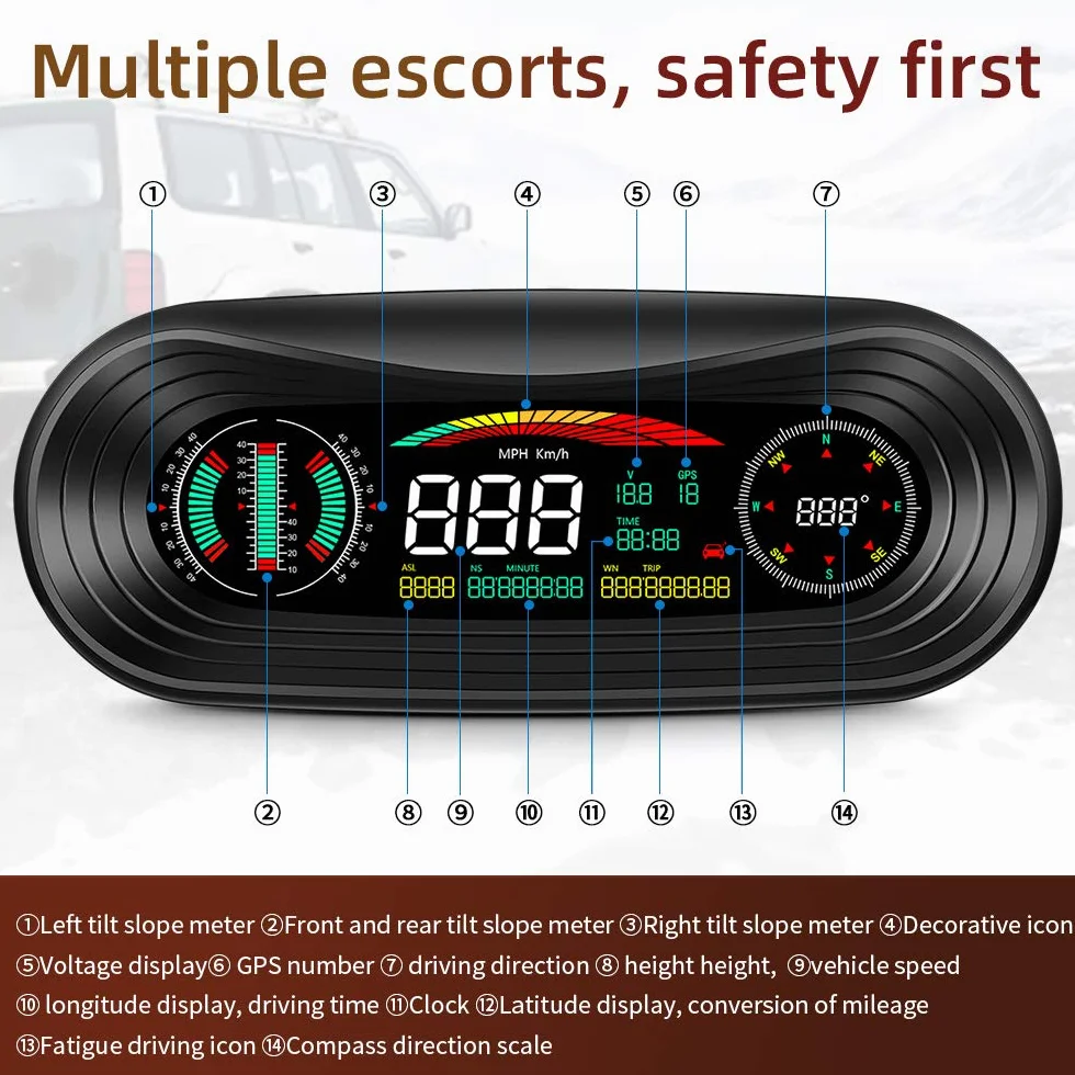 Head Up Display Auto GPS HUD Car Head Up Display off-Road 4X4 Inclinometro GPS Pannello Digitale Tachimetro Inclinazione Bussola automobilistica Altitudine Orologio Head Up Display