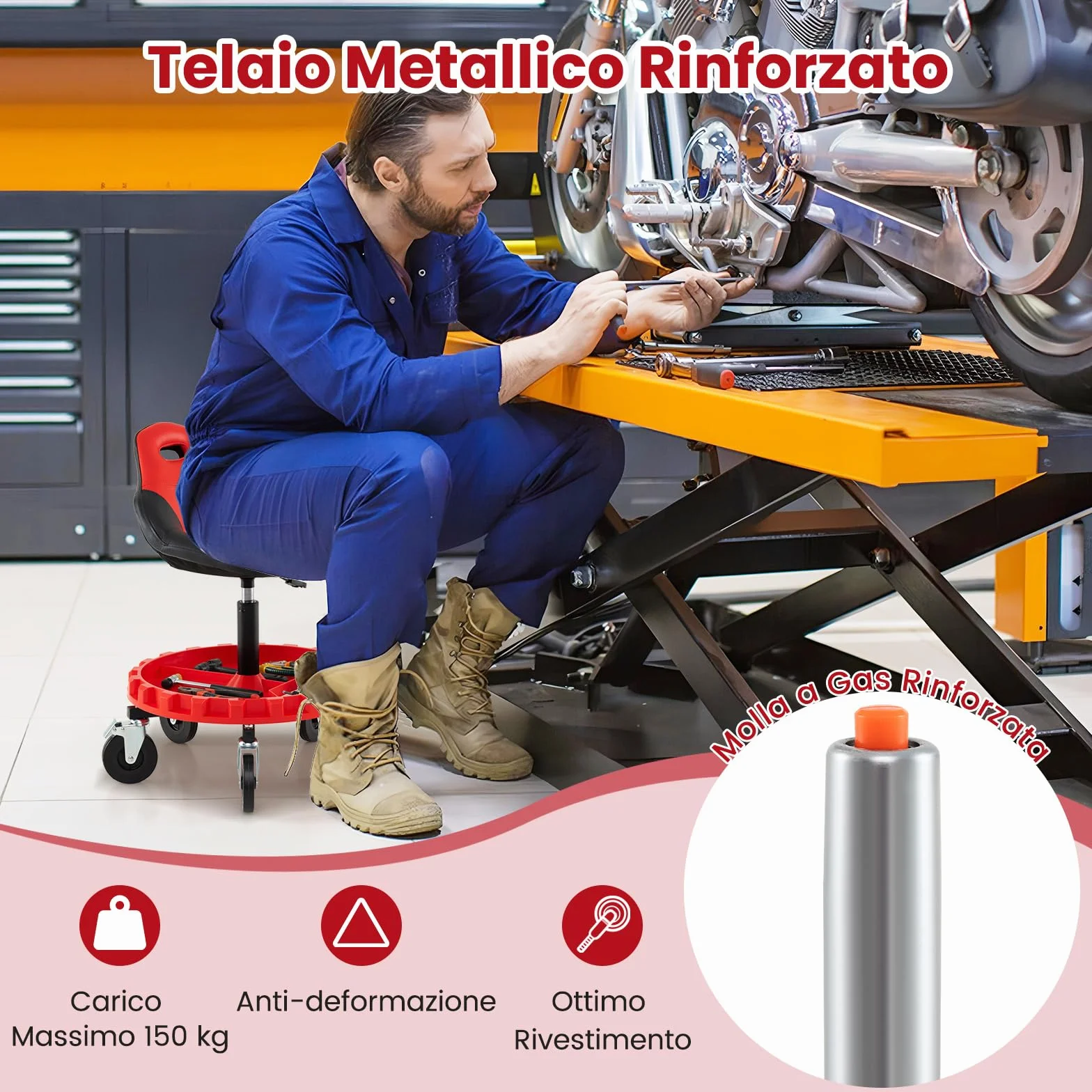 COSTWAY Sgabello da Officina con 5 Ruote, Sedia Meccanico Imbottita, Altezza Regolabile, Vassoio Porta Attrezzi, 185 kg