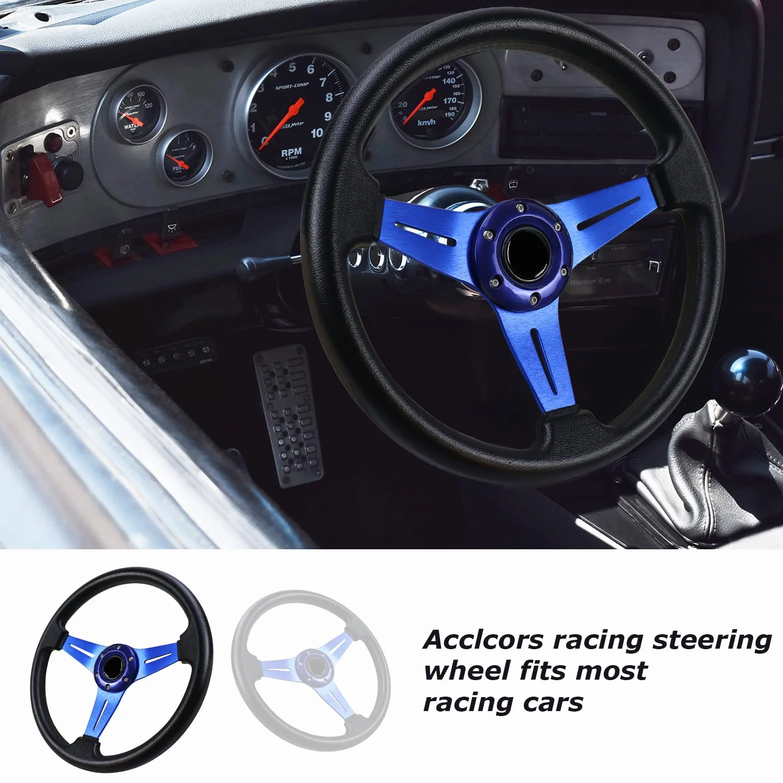 Universal Racing Lenkrad 13.6" 6 Schrauben Grip Vinyl Leder mit Hupe Taste für Rennen (Blau)