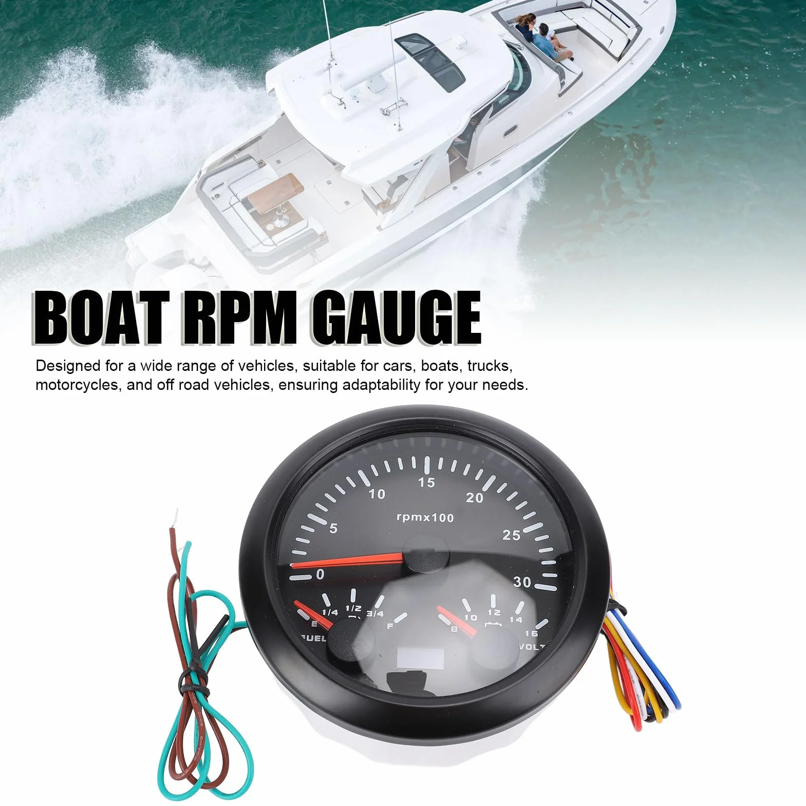 Tachometro Marino 85 Mm, Calibro Voltmetro del Carburante 3 in 1 con la Retroilluminazione di 7 Colori per la Barca per per Auto per Camion, Adatto Alla (Black Dial Black